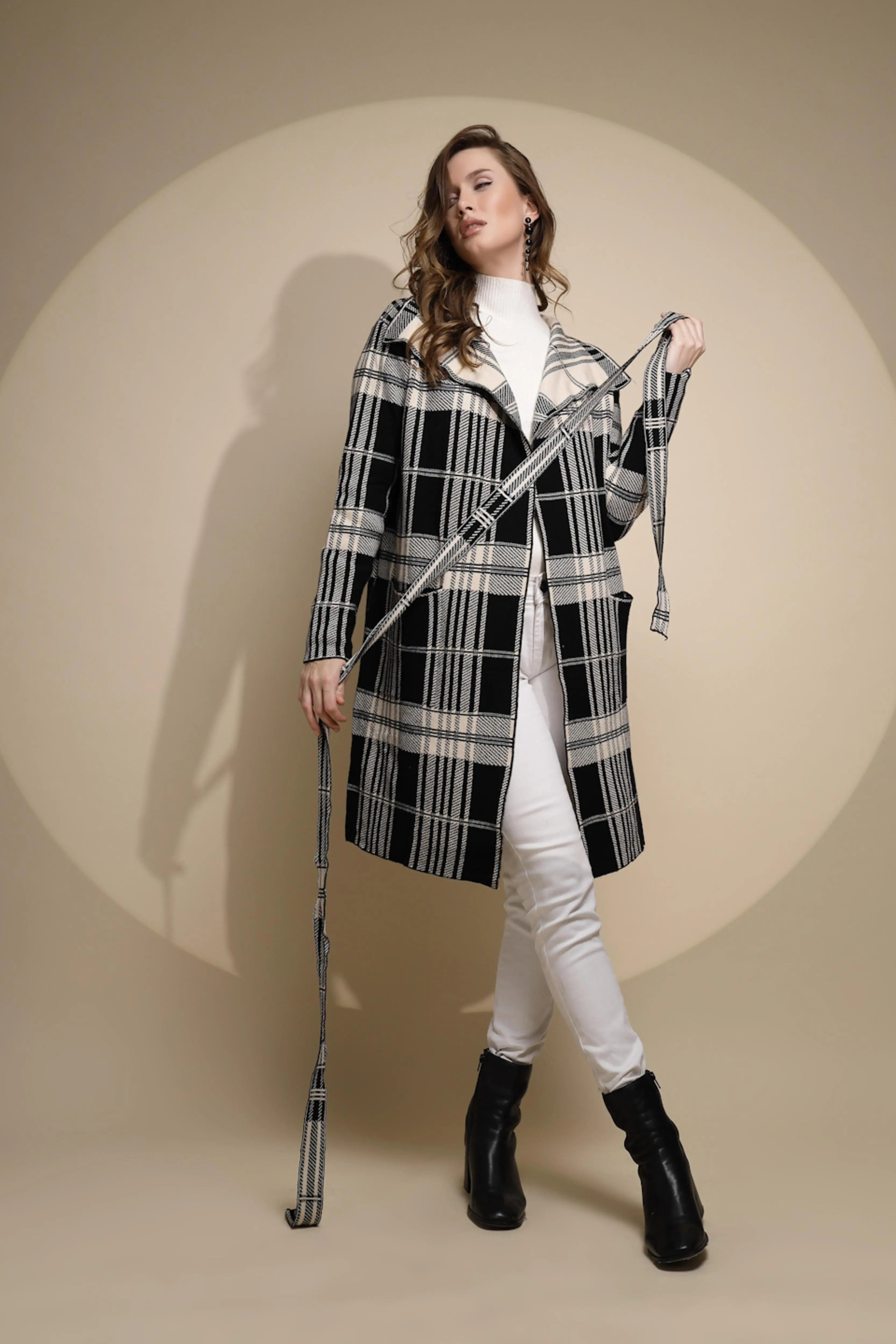Beige Knit Winter Wrap Coat with Belt - Global Republic
