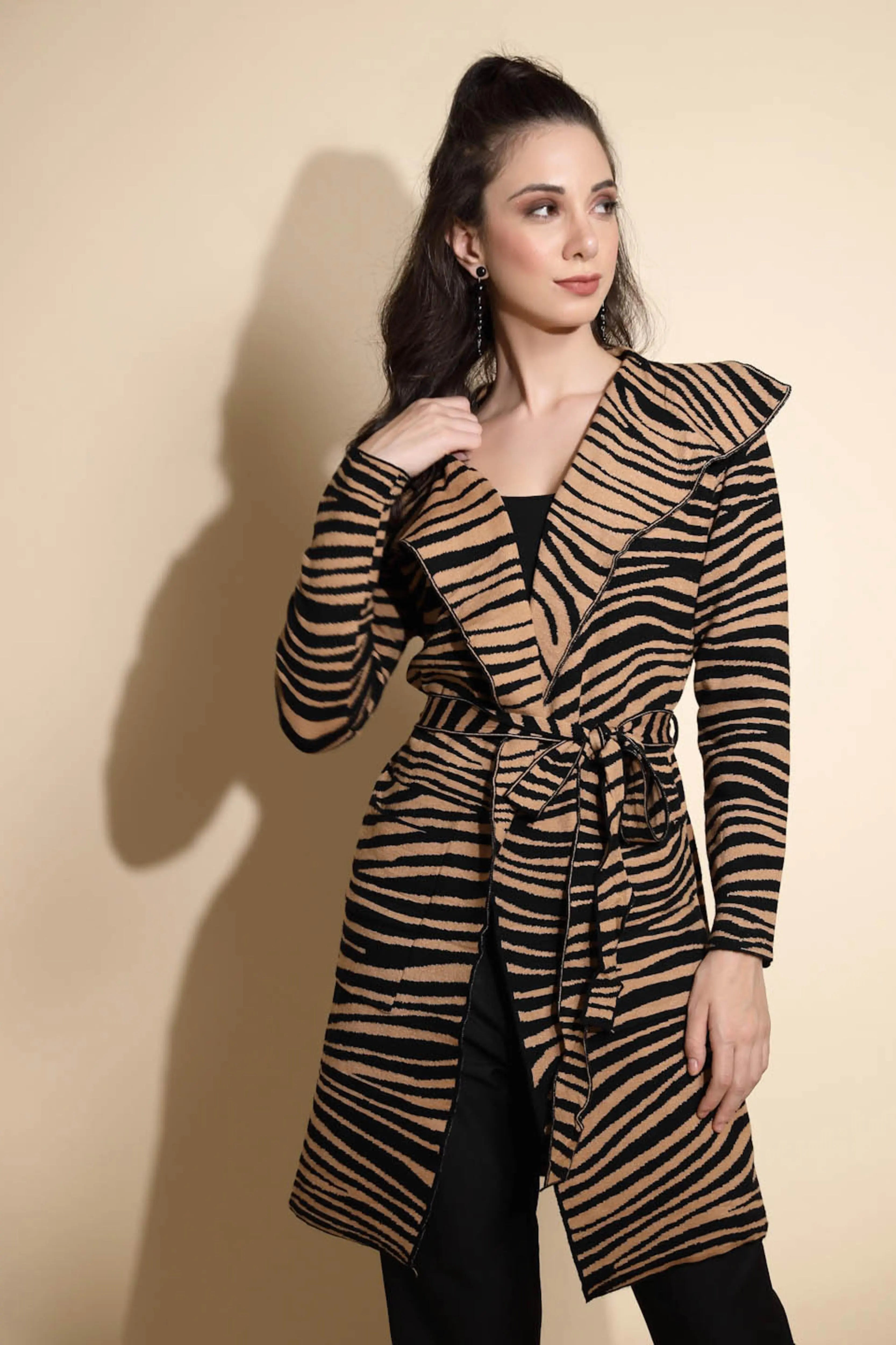 Brown Animal Print Knitted Winter Coat - Global Republic