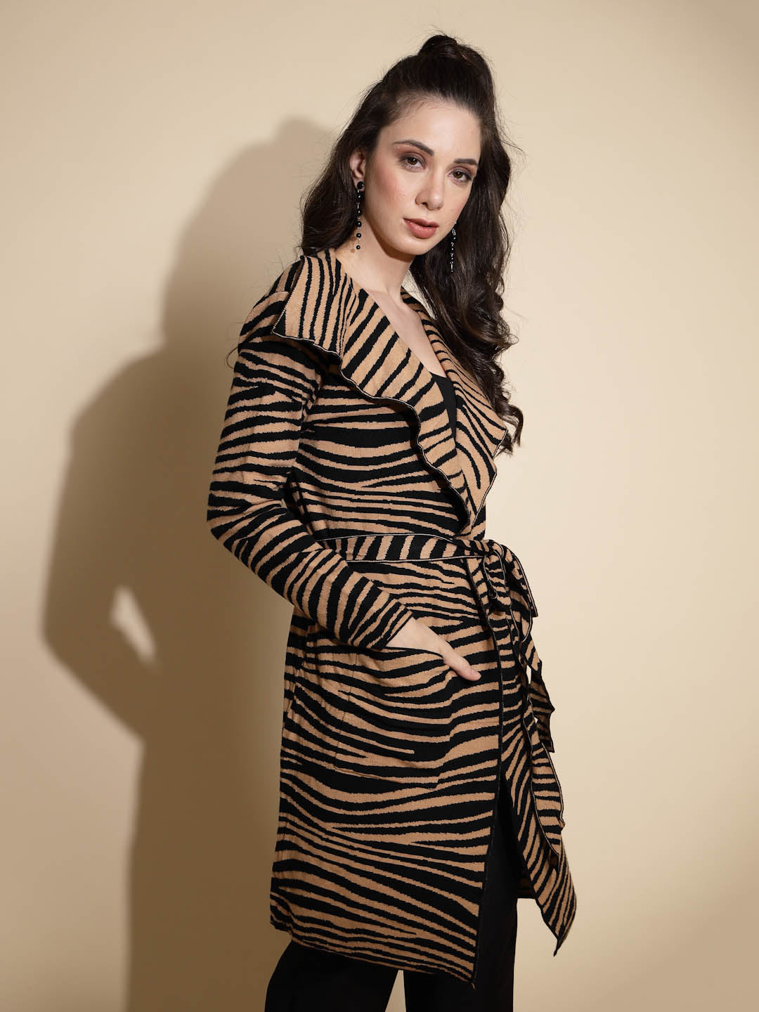 Brown Animal Print Knitted Winter Coat - Global Republic