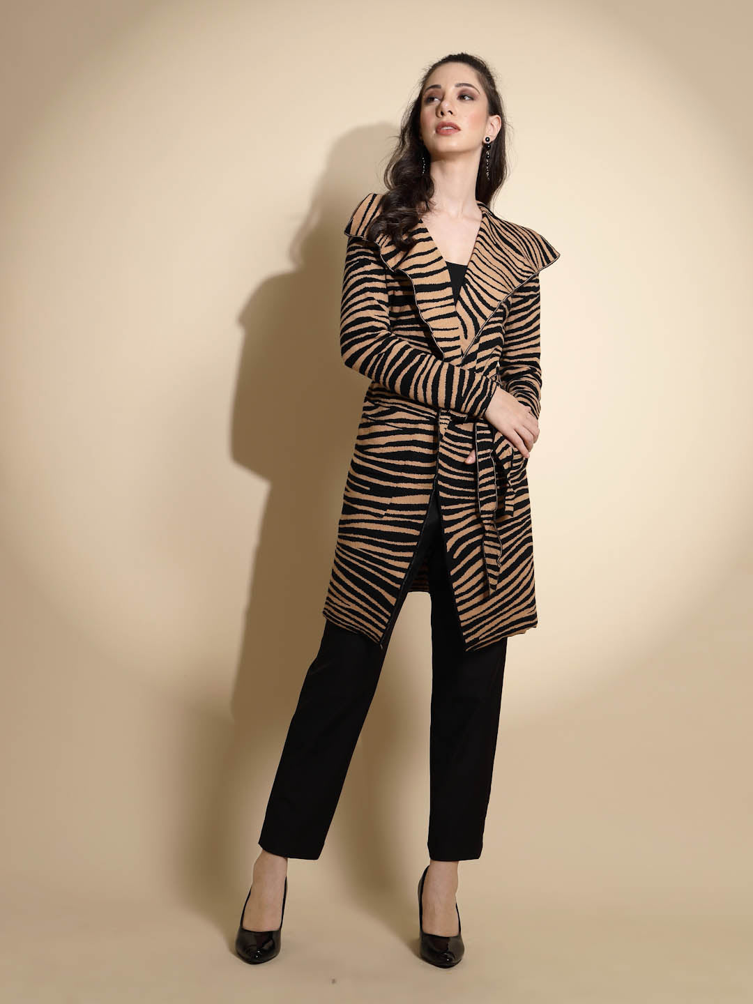 Brown Animal Print Knitted Winter Coat - Global Republic