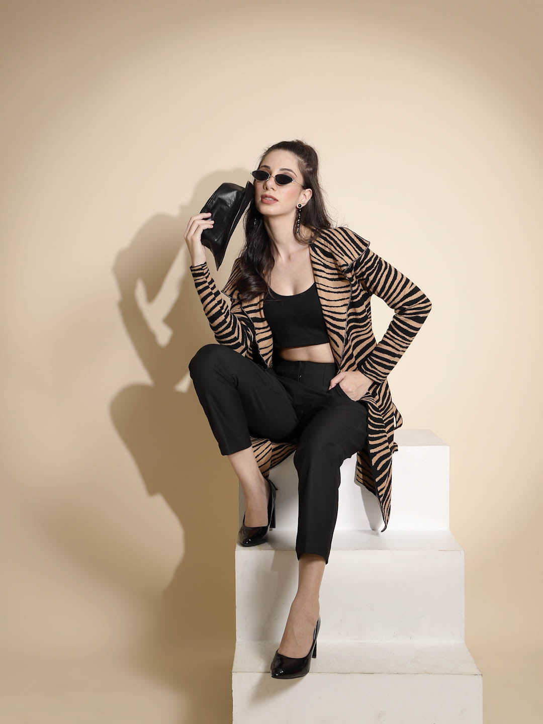 Brown Animal Print Knitted Winter Coat - Global Republic