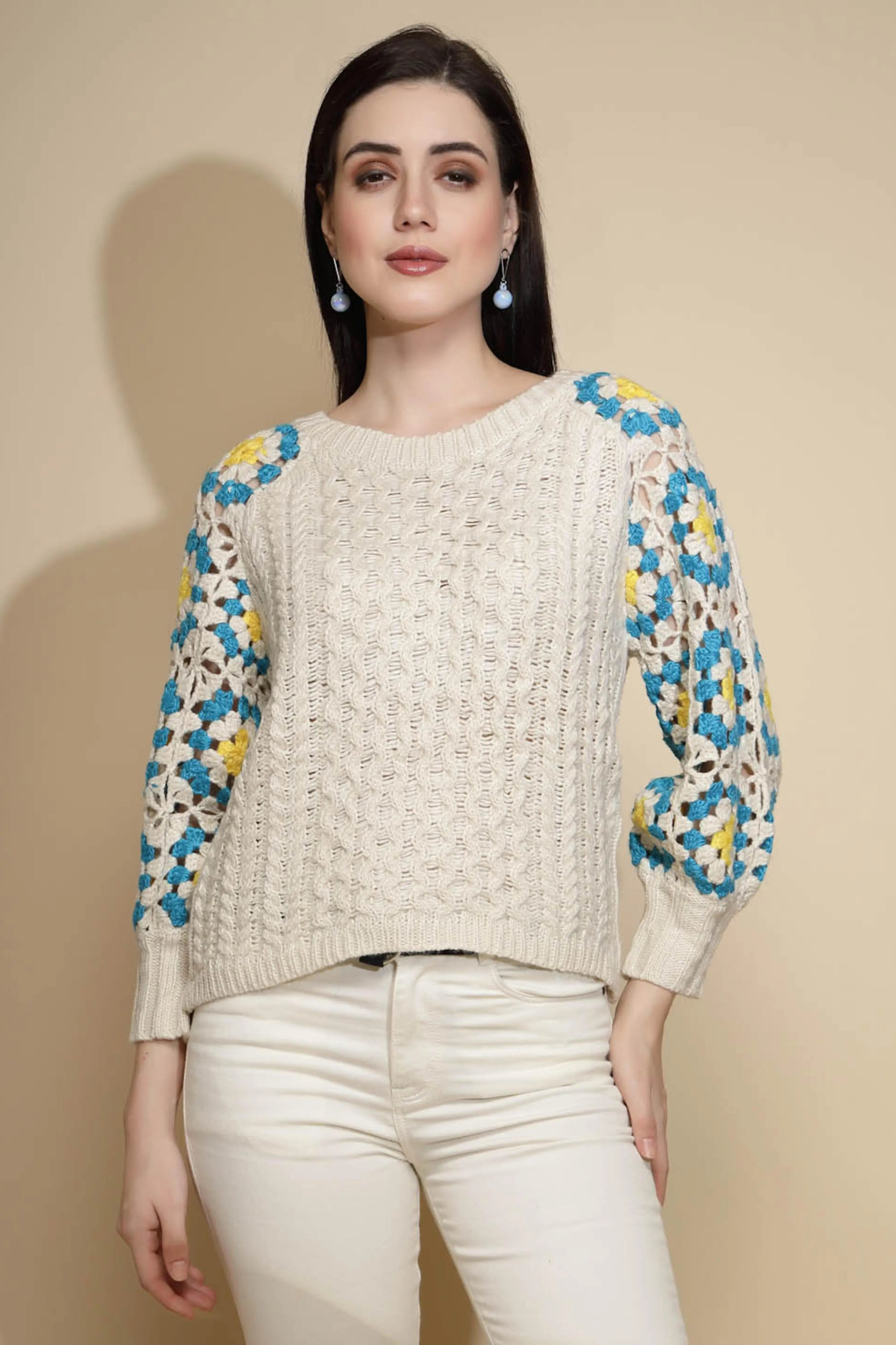 Off White Abstract print Full Sleeve Round Neck Acrylic Pullover Sweater - Global Republic