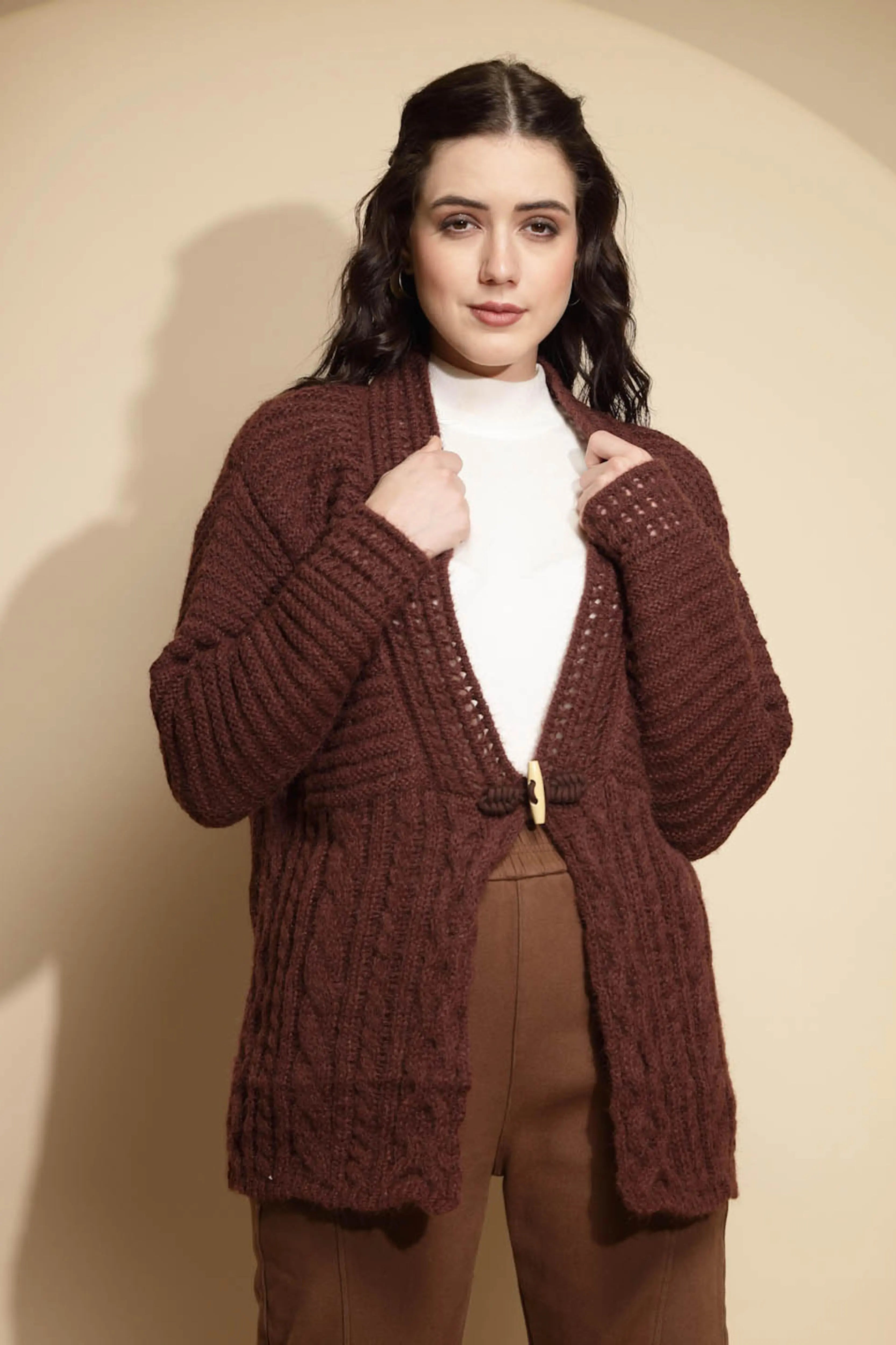Brown Open Neck Knitted Cardigan - Global Republic