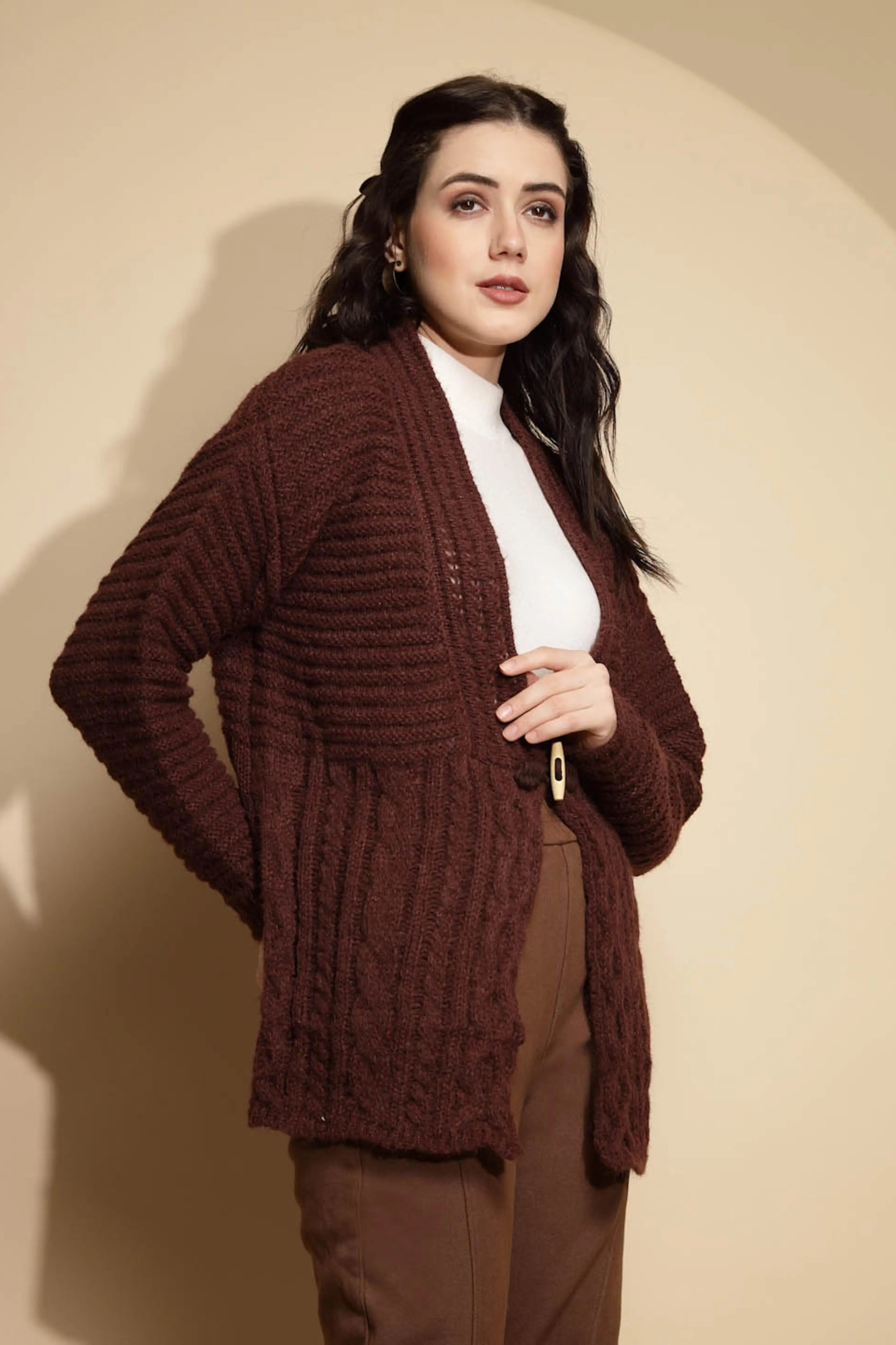 Brown Open Neck Knitted Cardigan - Global Republic