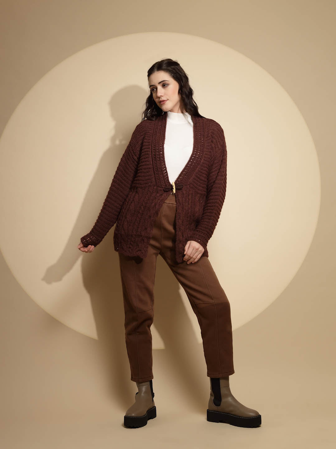 Brown Open Neck Knitted Cardigan - Global Republic