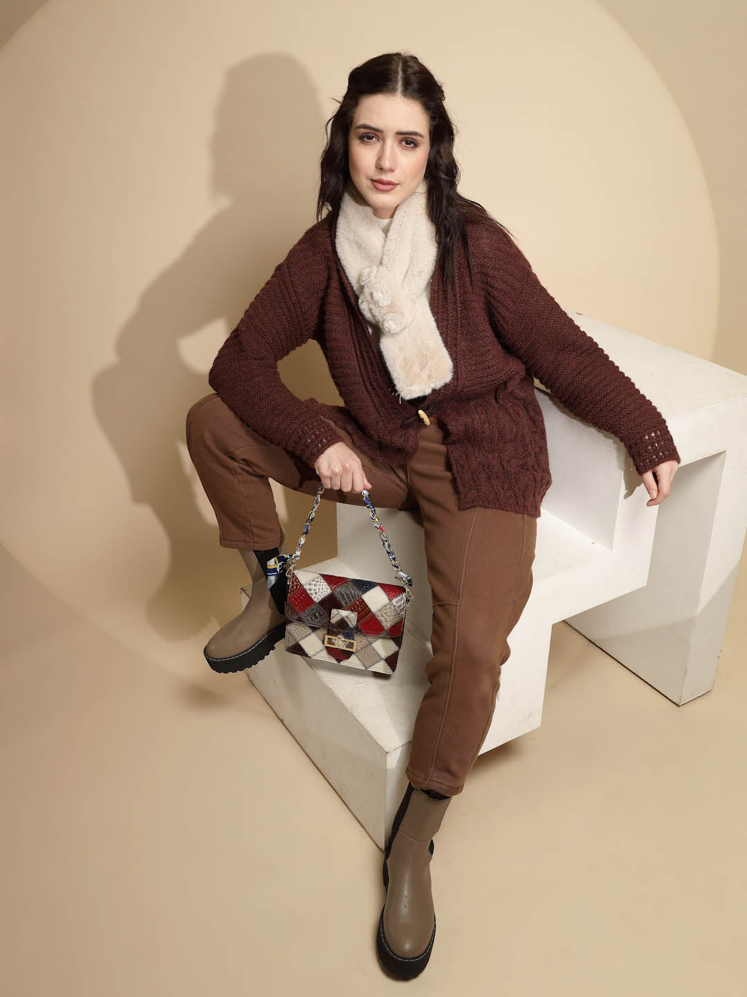 Brown Open Neck Knitted Cardigan - Global Republic