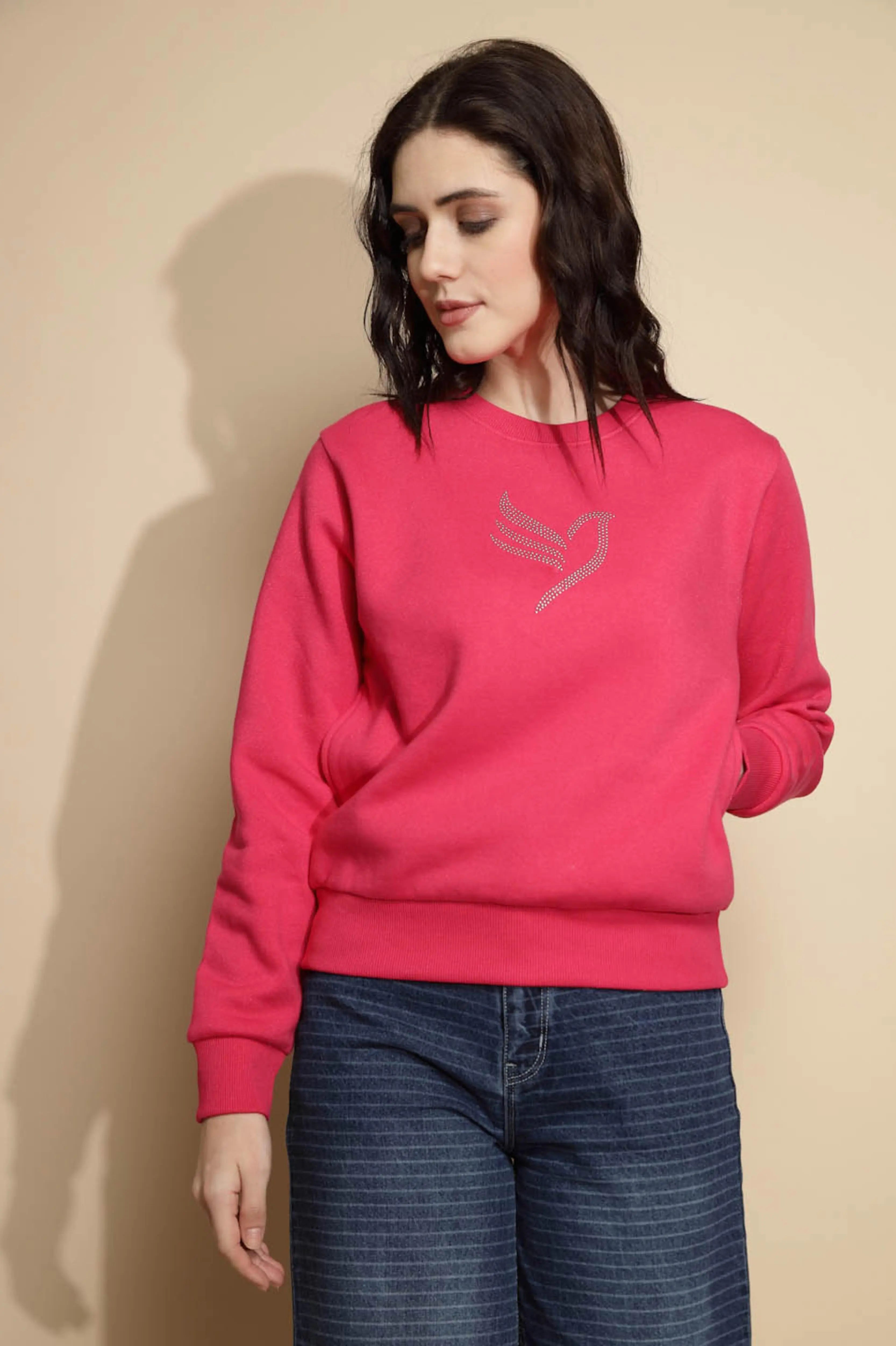 Pink Solid Round Neck Sweatshirt - Global Republic