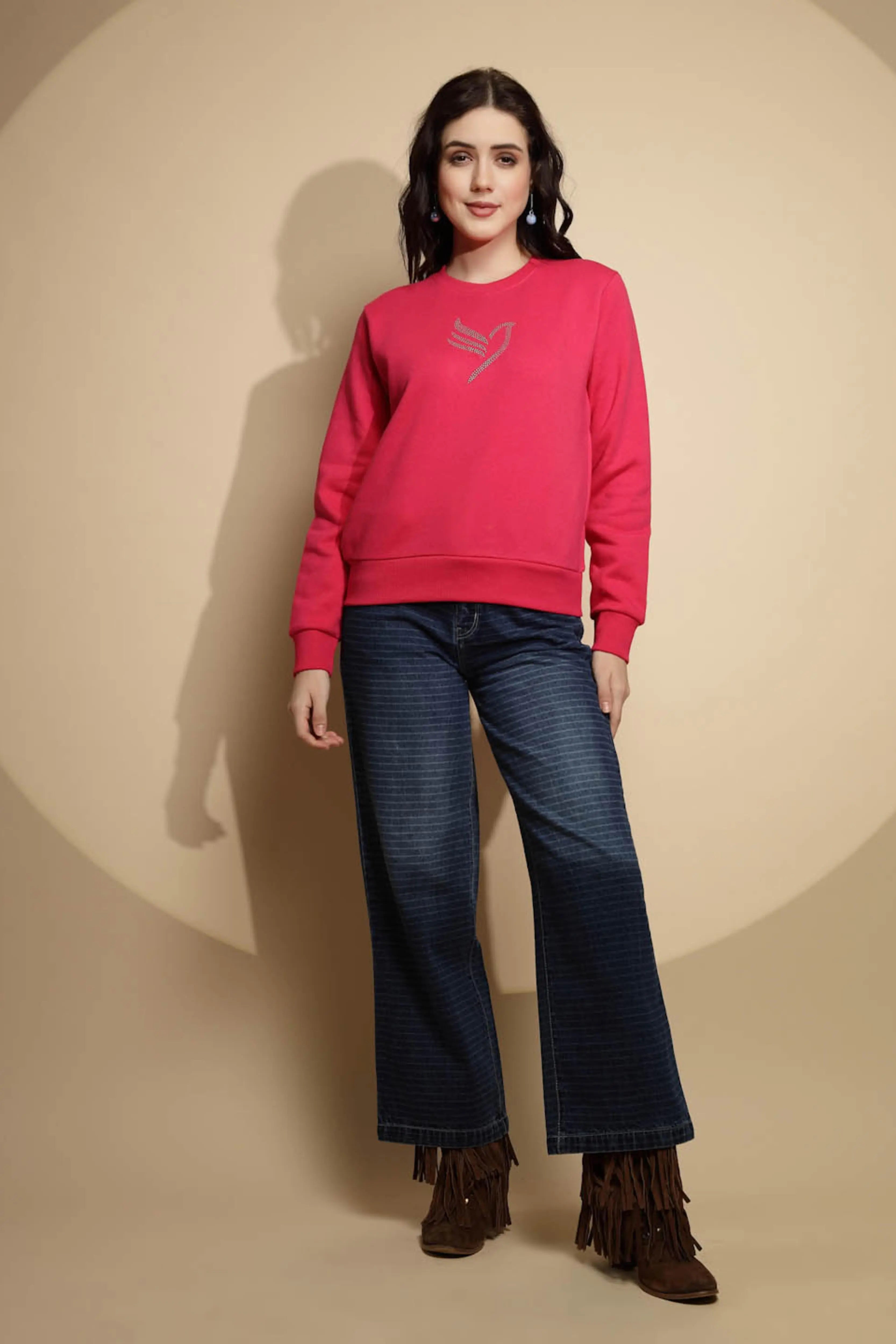 Pink Solid Round Neck Sweatshirt - Global Republic