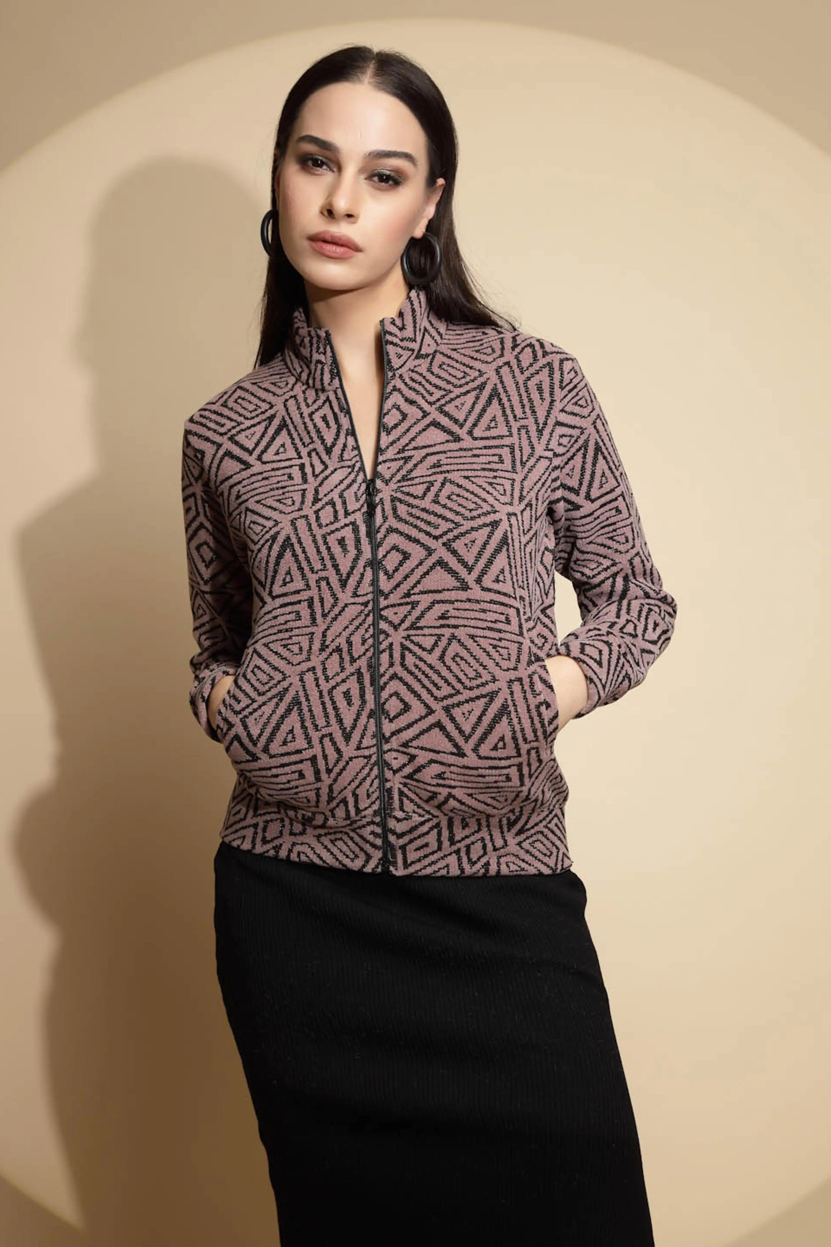 Dark Brown Geometric Print Full Sleeve Turtle Neck Acrylic Sweatshirt - Global Republic