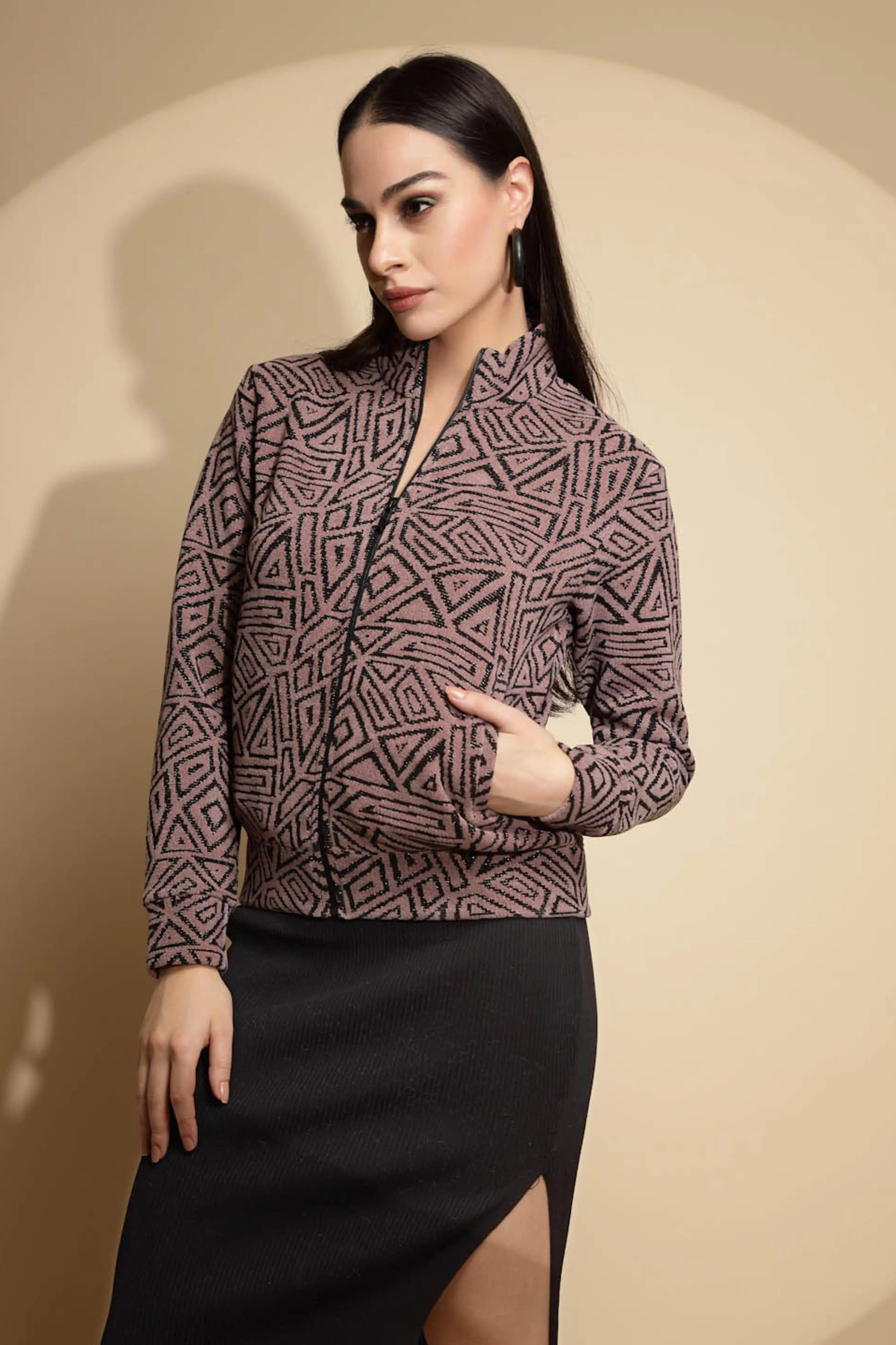 Dark Brown Geometric Print Full Sleeve Turtle Neck Acrylic Sweatshirt - Global Republic