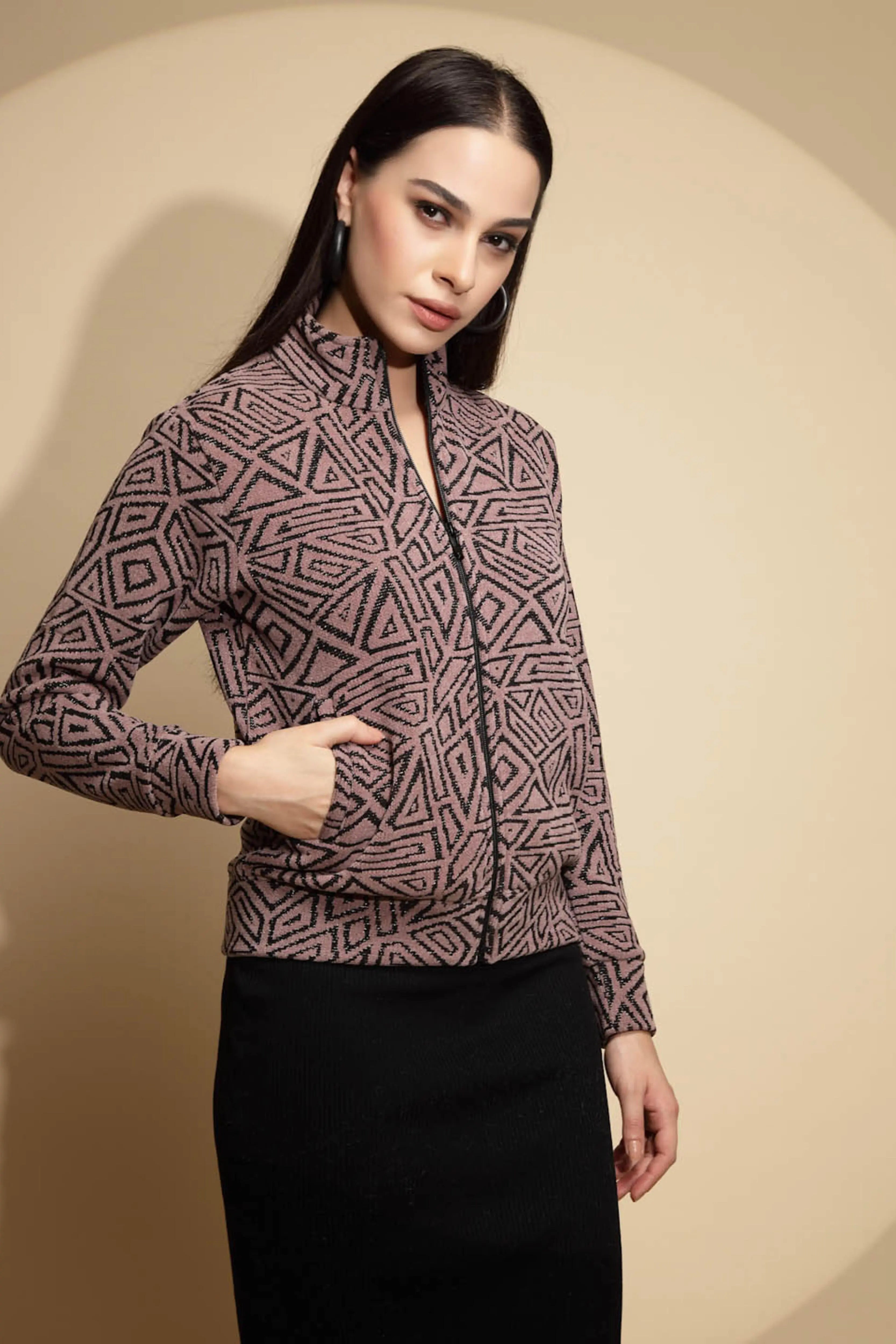 Dark Brown Geometric Print Full Sleeve Turtle Neck Acrylic Sweatshirt - Global Republic