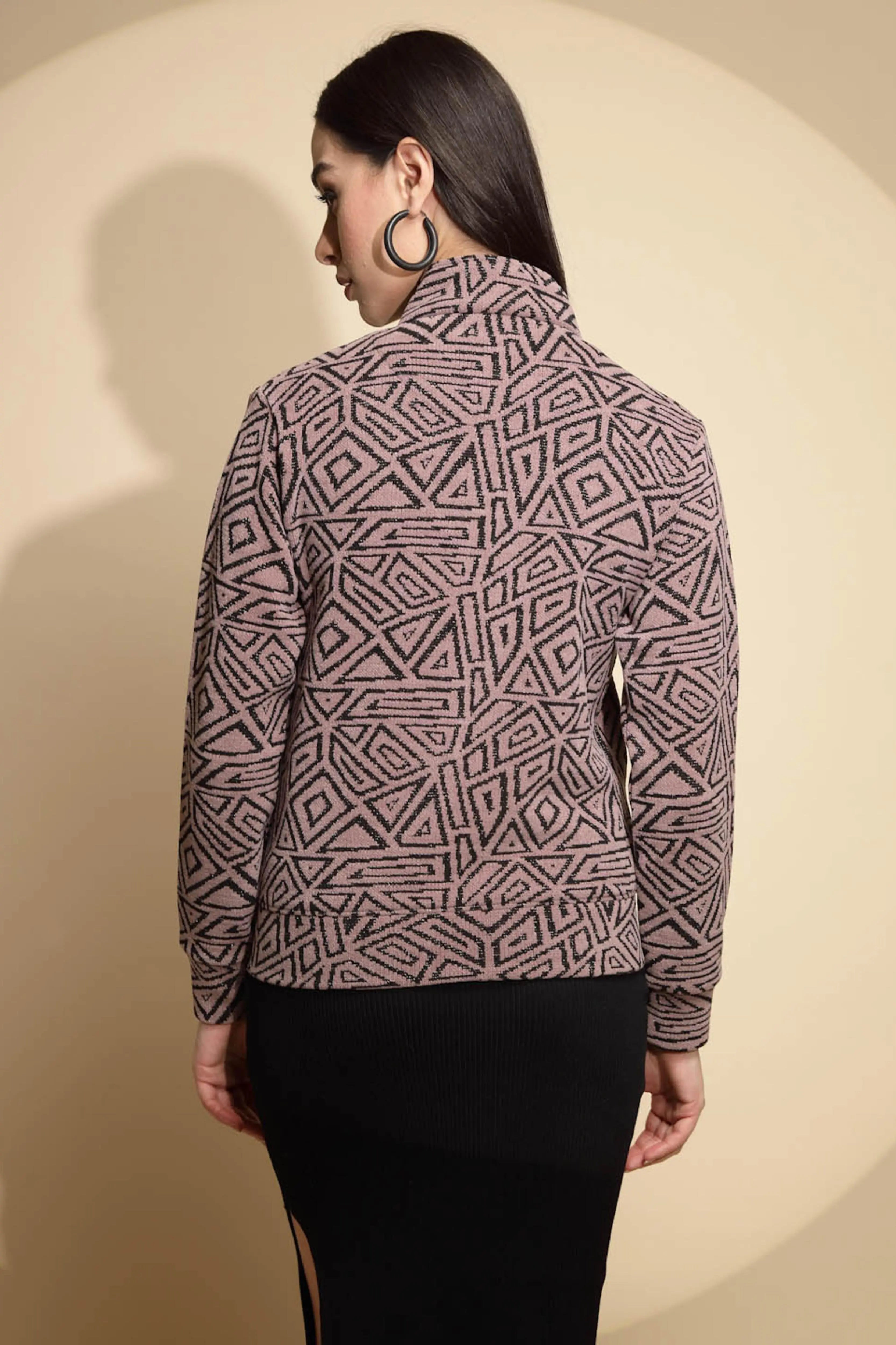Dark Brown Geometric Print Full Sleeve Turtle Neck Acrylic Sweatshirt - Global Republic