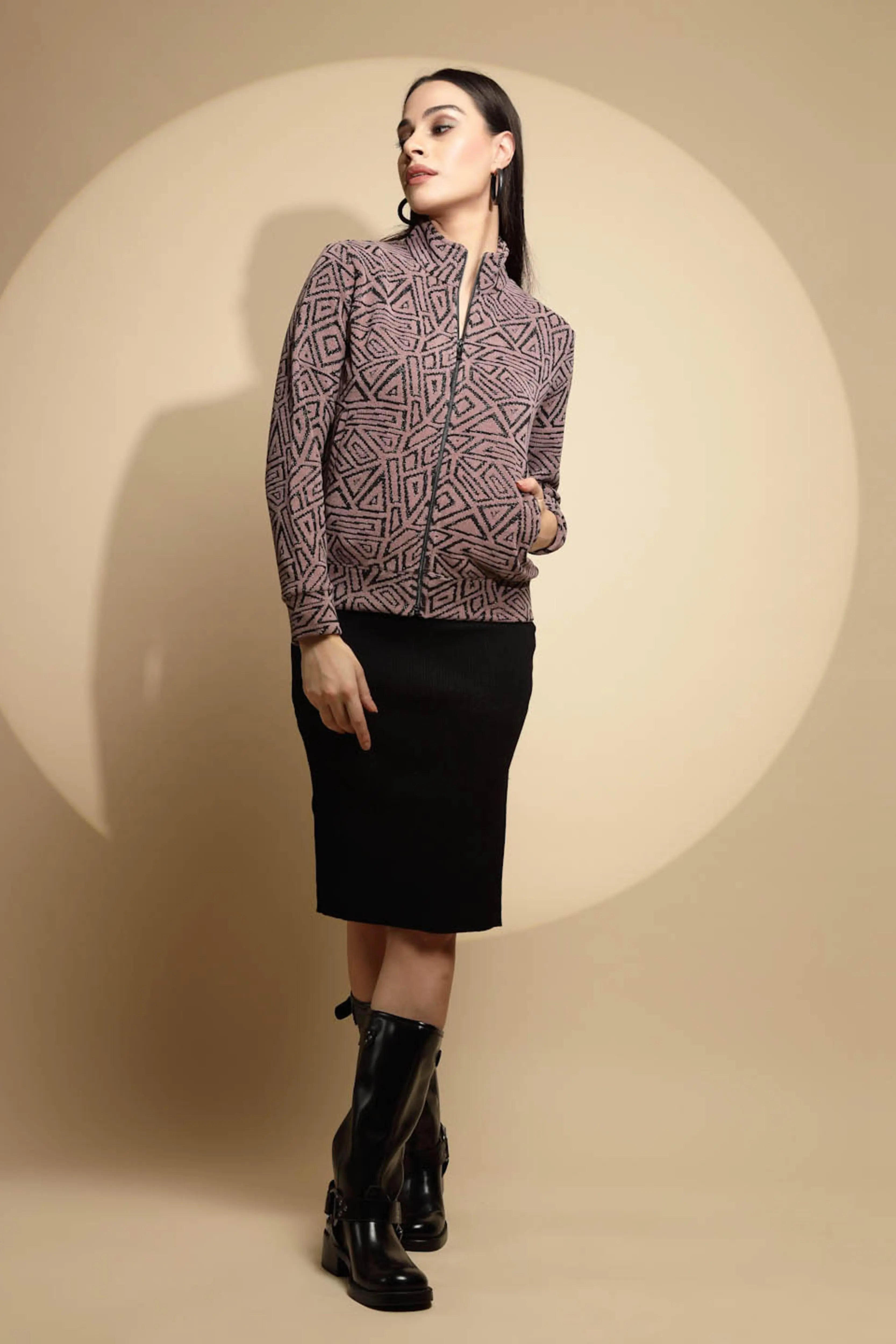 Brown Geometric Print Acrylic Sweatshirt - Global Republic