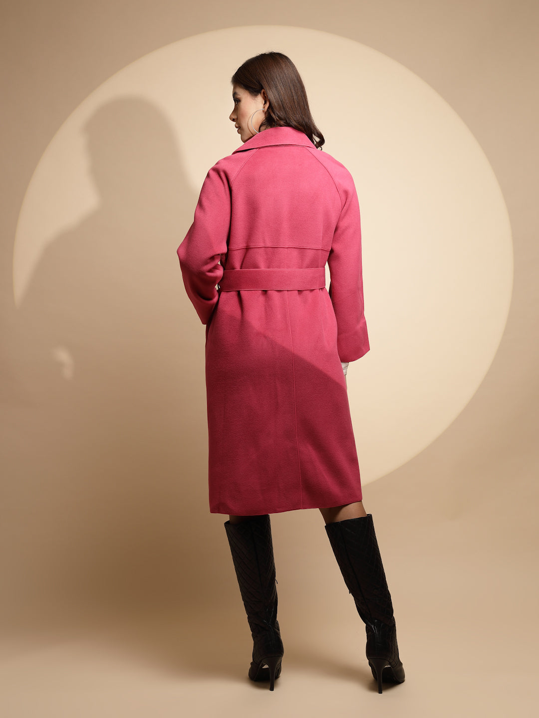 Women Pink Solid Collared Neck Full Sleeve Suede Long Wrap Coat - Global Republic