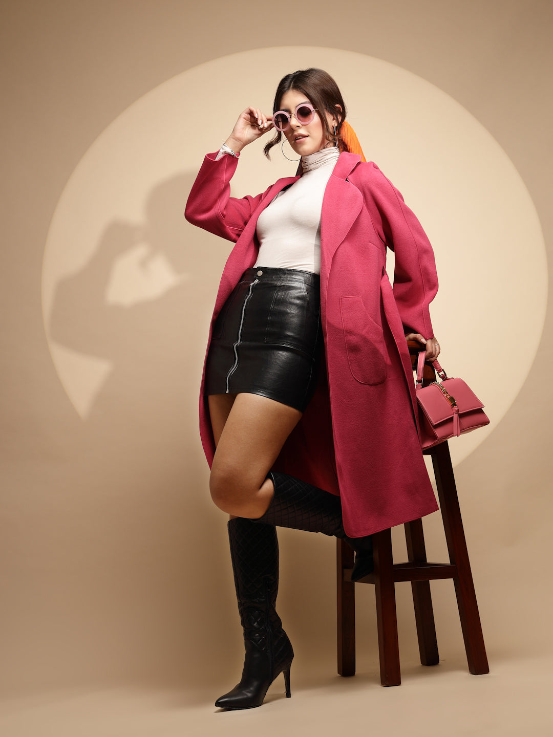 Women Pink Solid Collared Neck Full Sleeve Suede Long Wrap Coat - Global Republic