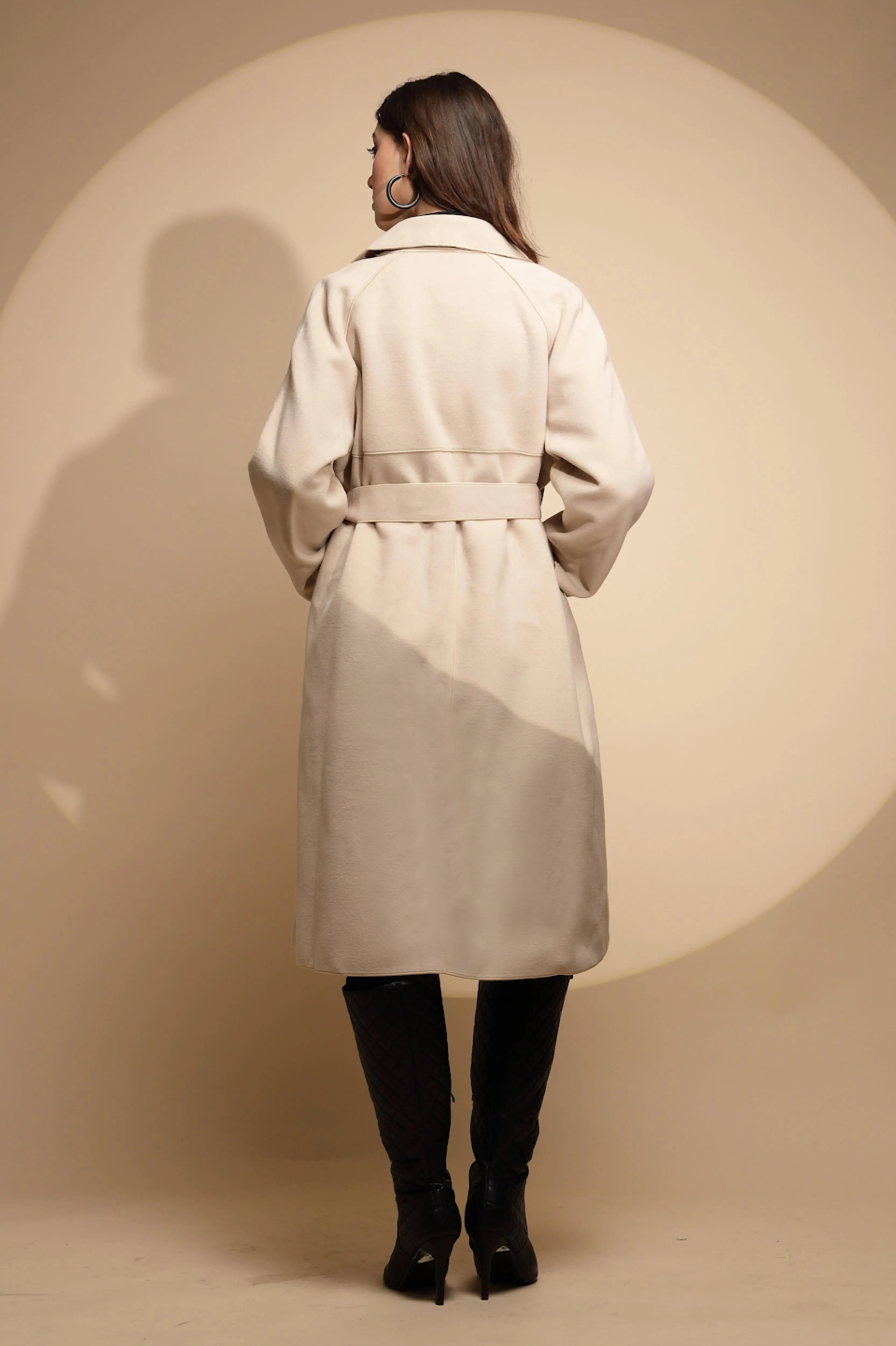 Women White Solid Collared Neck Full Sleeve Seude Long Wrap Coat - Global Republic