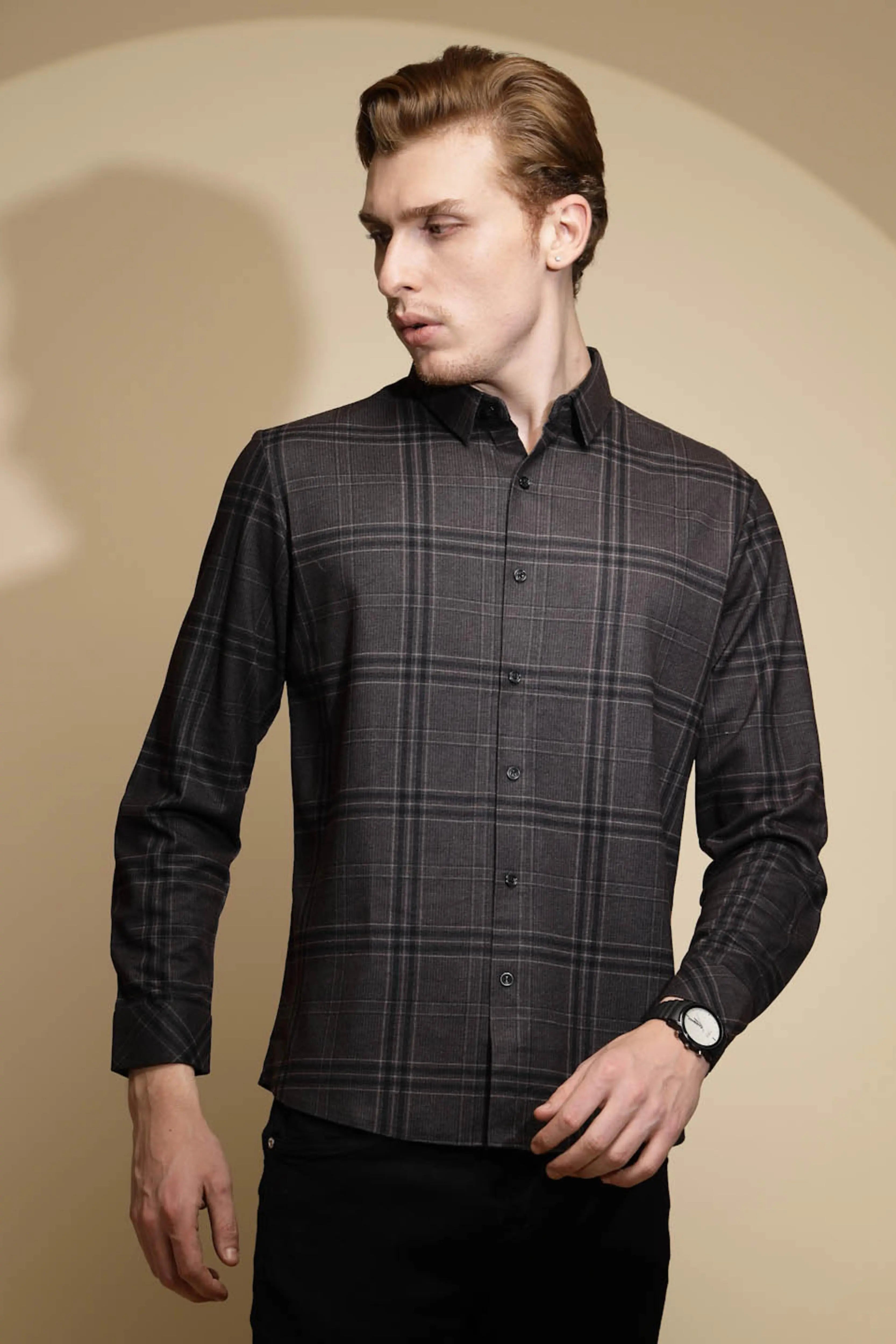 Dark Grey Checkered Full Sleeve Collared Neck Shirt - Global Republic