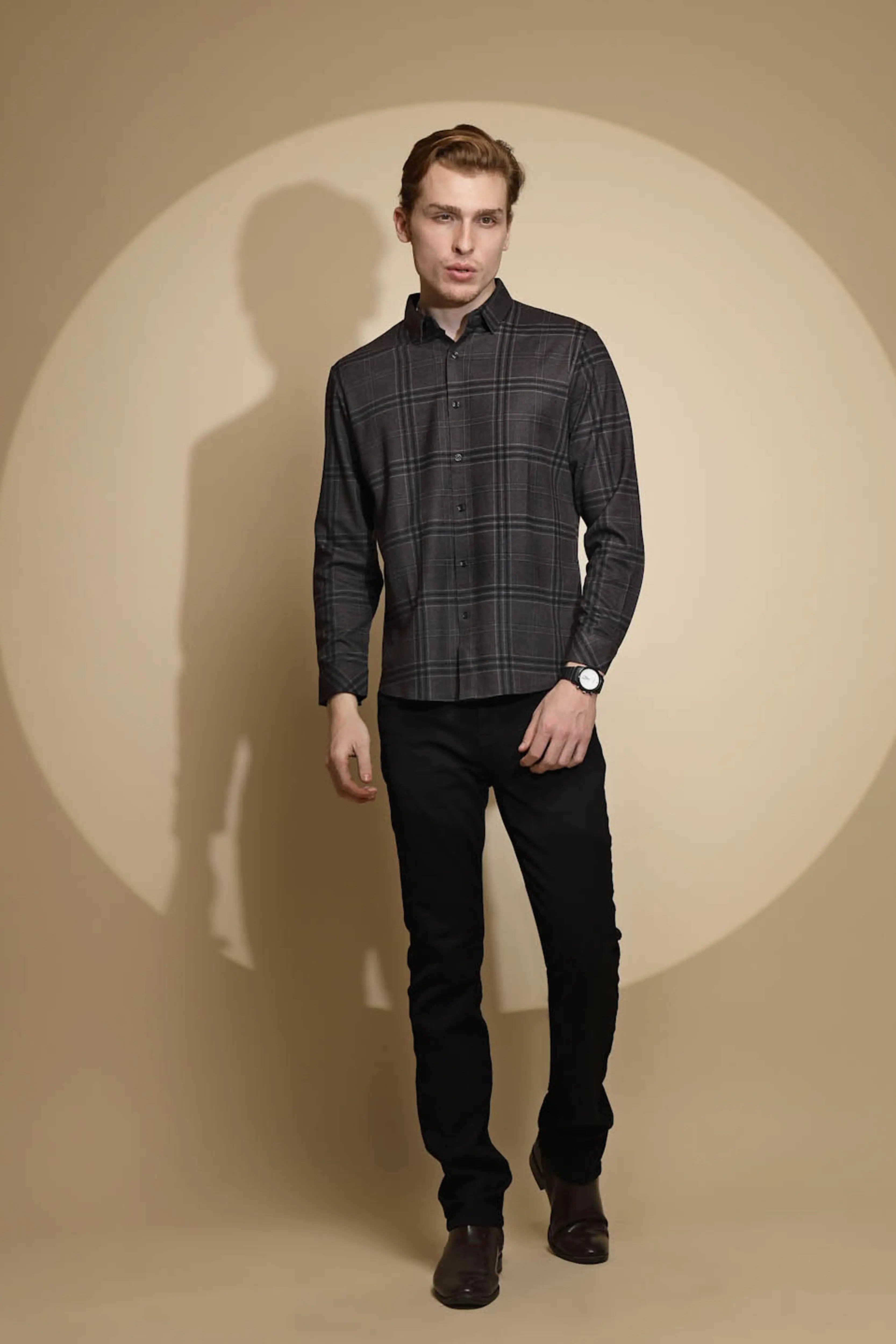 Dark Grey Checkered Full Sleeve Collared Neck Shirt - Global Republic