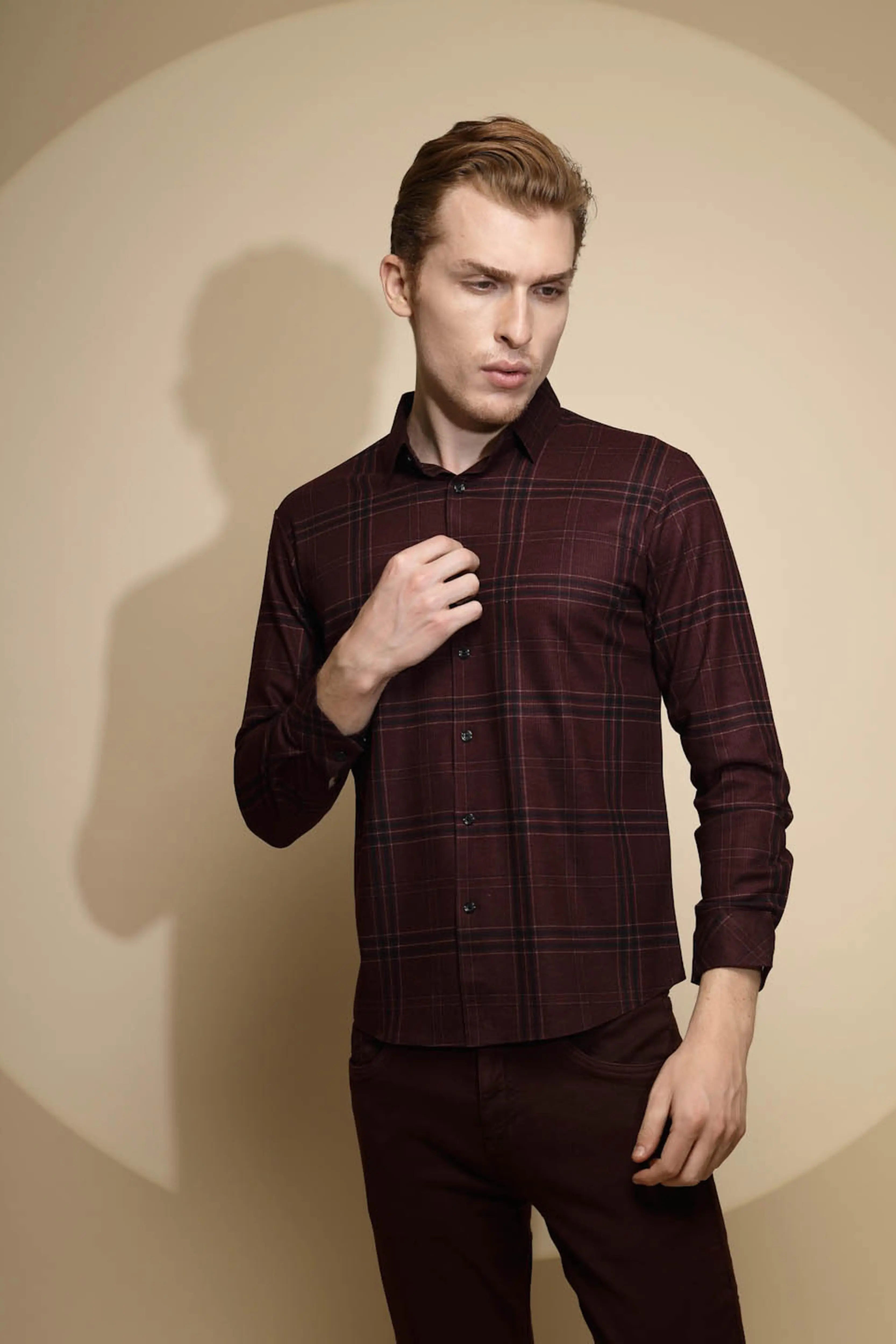 Wine Full Sleeve Collared Neck Check Shirt - Global Republic