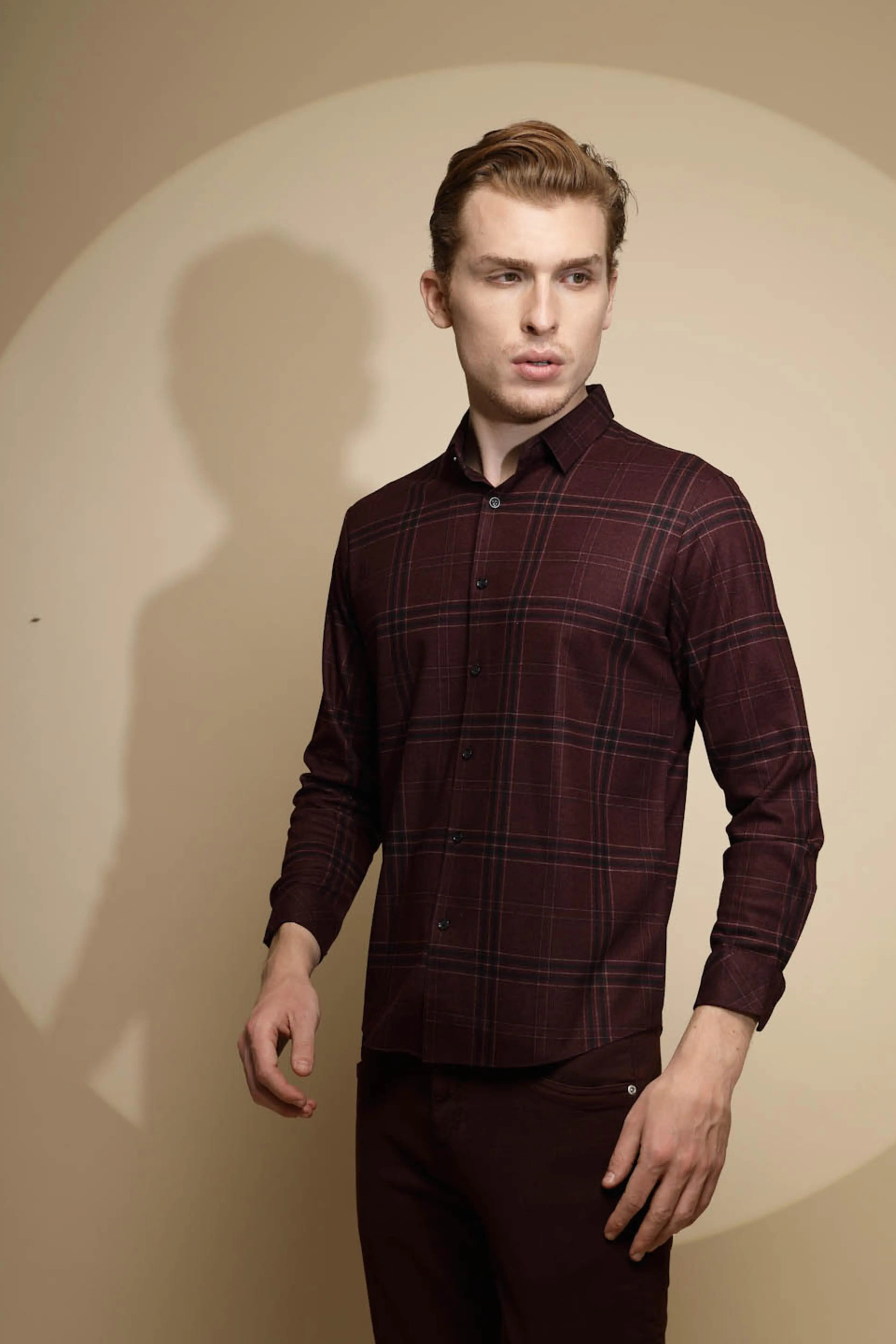 Wine Full Sleeve Collared Neck Check Shirt - Global Republic