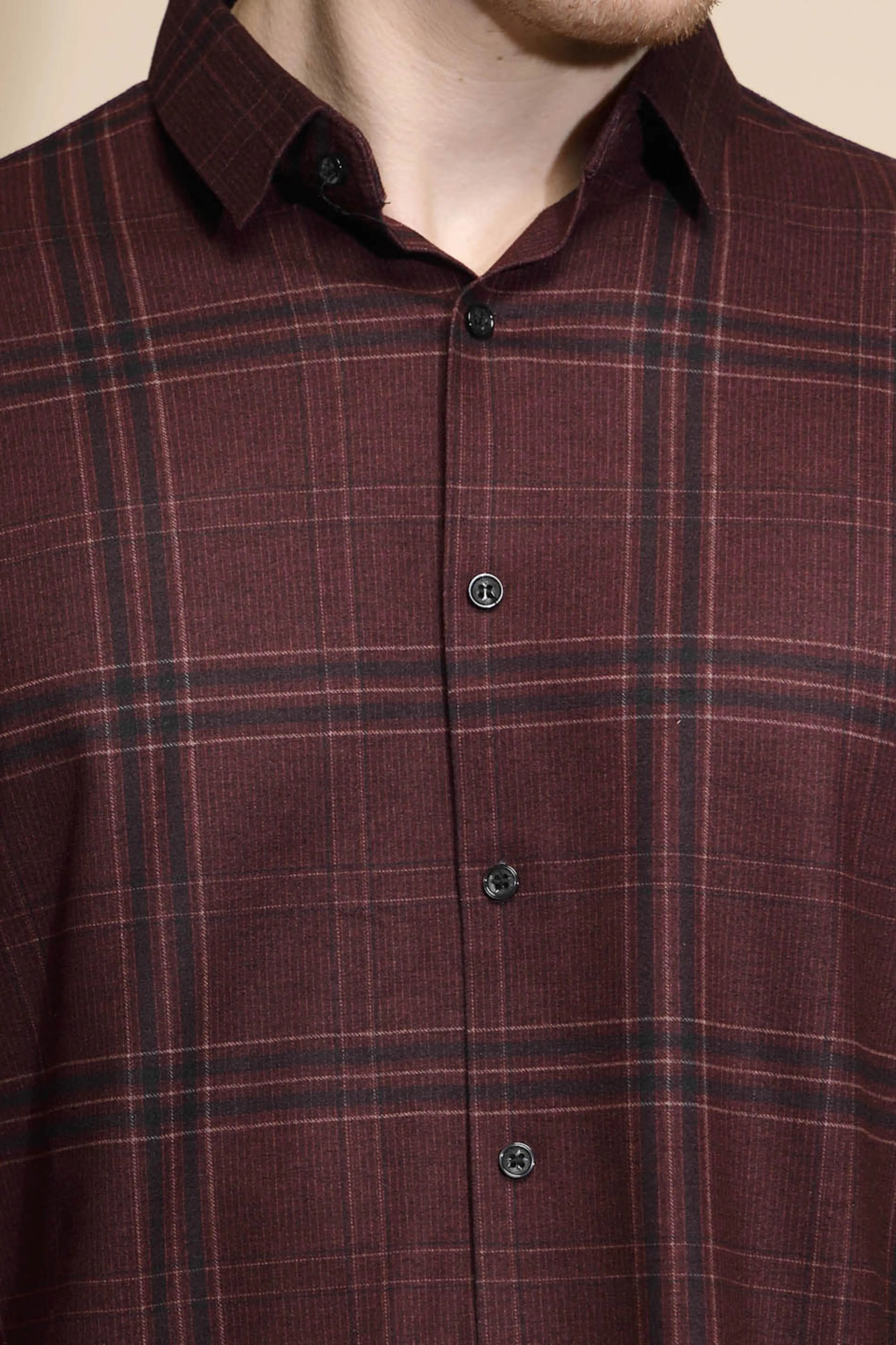Wine Full Sleeve Collared Neck Check Shirt - Global Republic