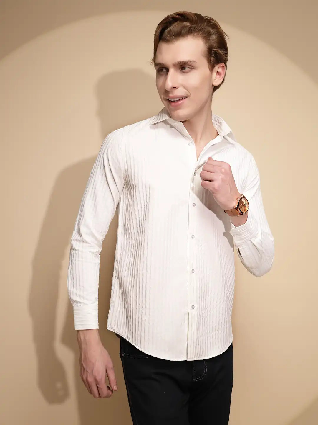 Men White Solid Full Sleeve Polycotton Slim Fit Shirt