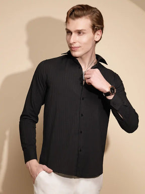 Men Black Solid Full Sleeve Collar Neck Polycotton Button Down Shirt