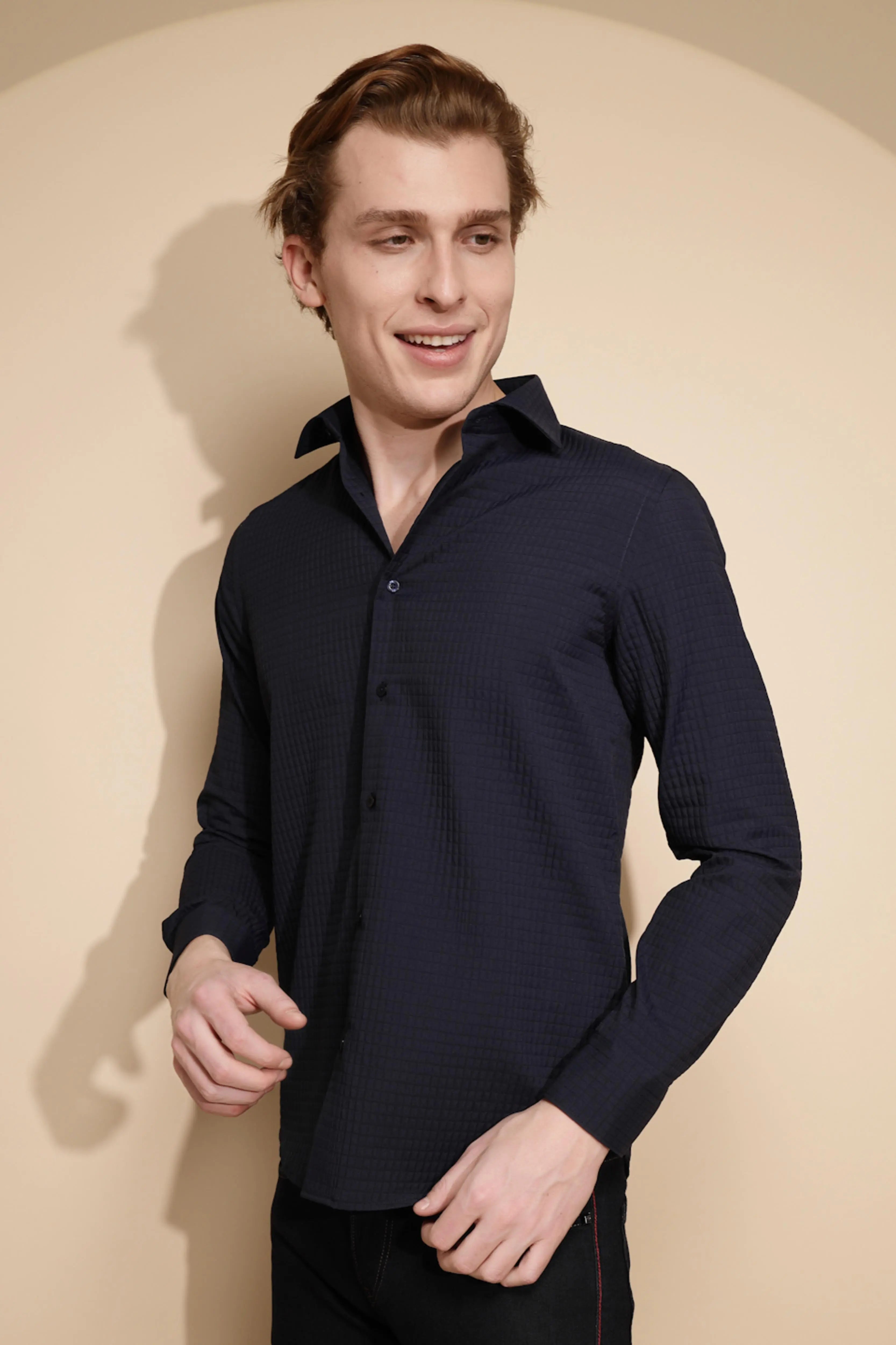 Men Navy Blue Solid Full Sleeve Collar Neck cotton Shirt - Global Republic