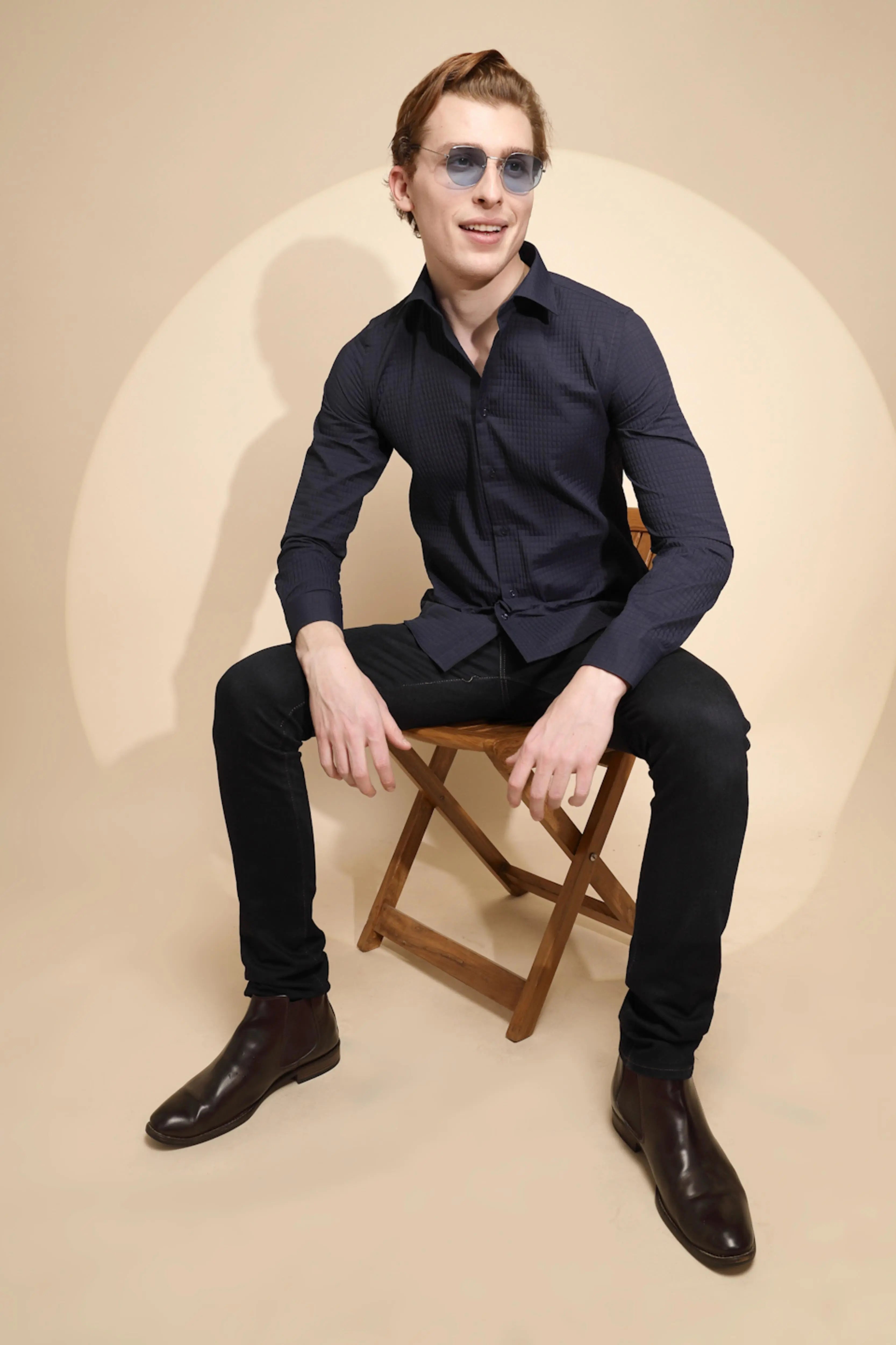 Navy Blue Solid Full Sleeve Collar Neck cotton Shirt - Global Republic
