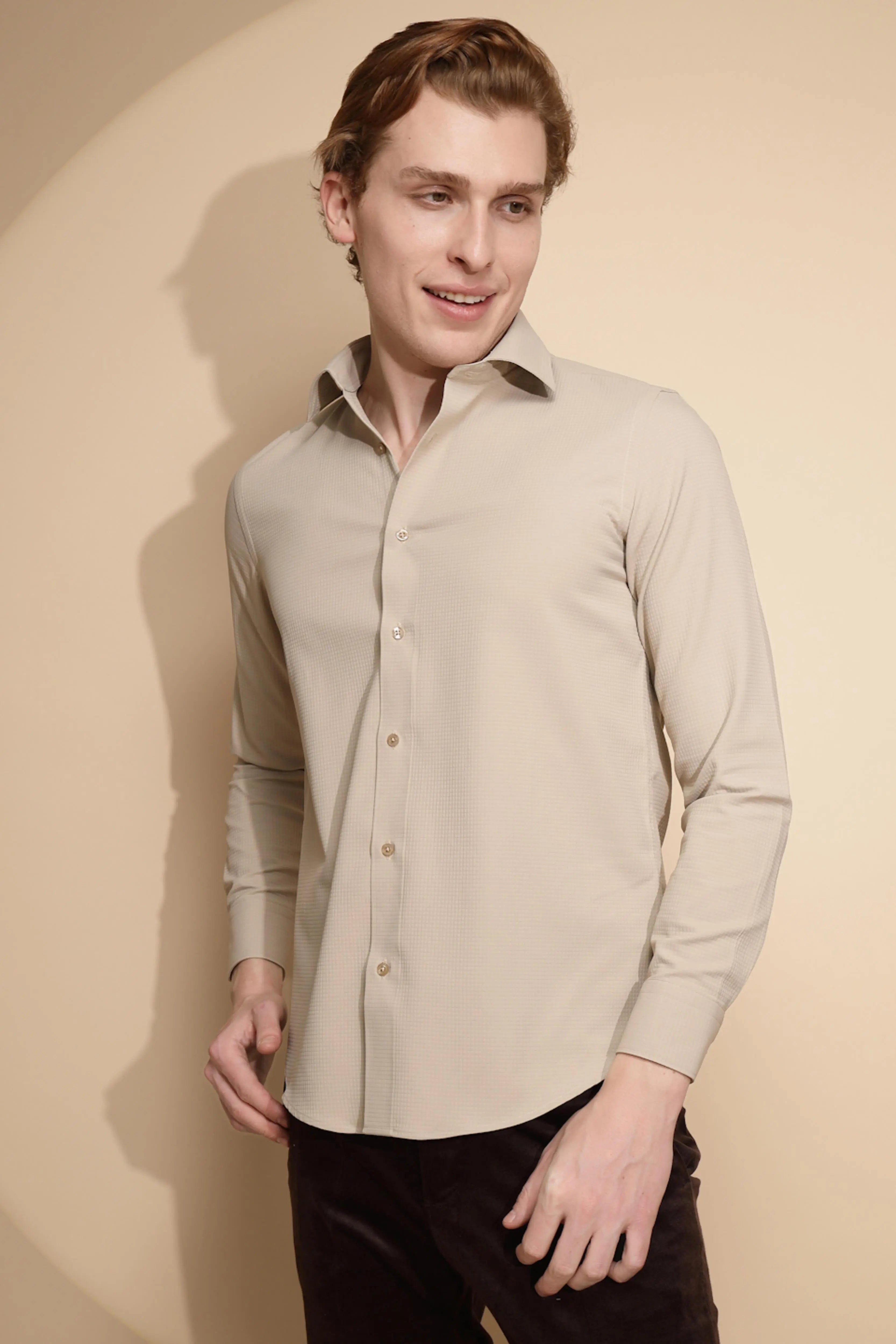 Men Beige Solid Full Sleeve Collar Neck cotton Shirt - Global Republic
