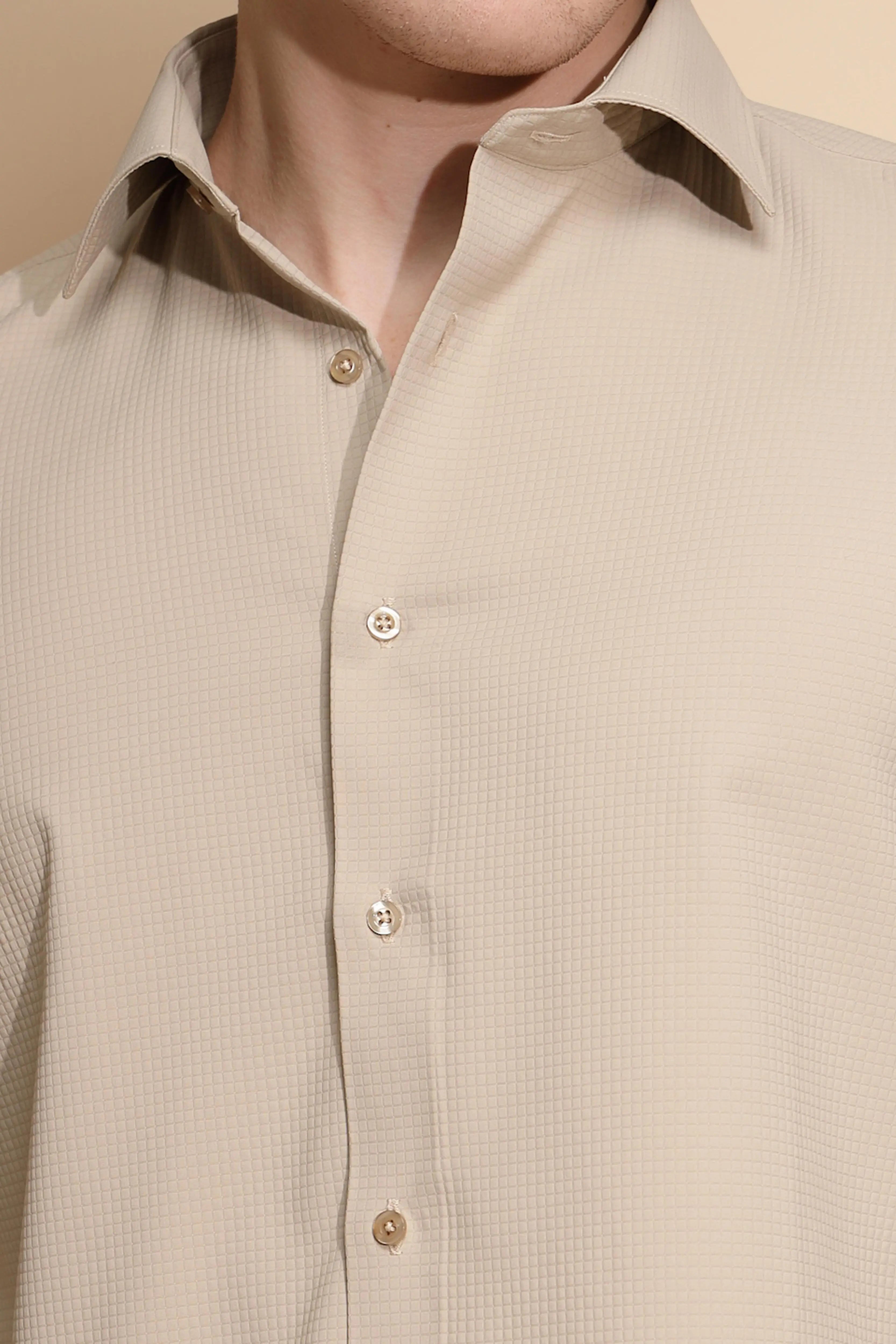 Beige Solid Full Sleeve Collar Neck cotton Shirt - Global Republic