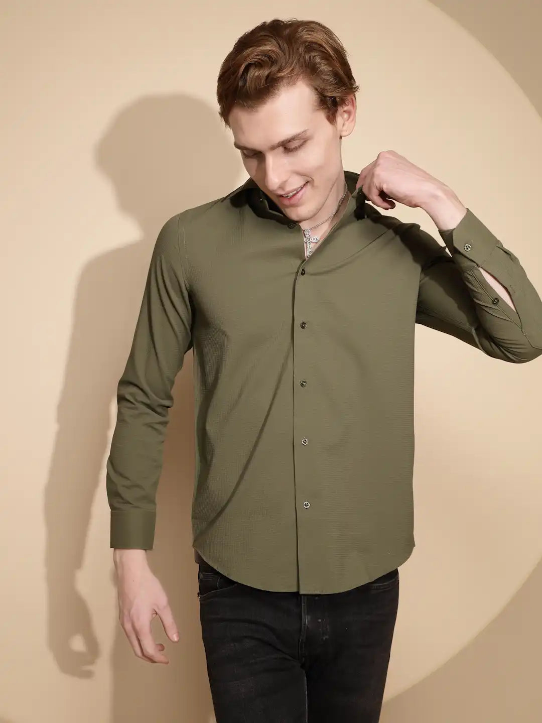 Men Olive Solid Full Sleeve Collar Neck Polycotton Shirt