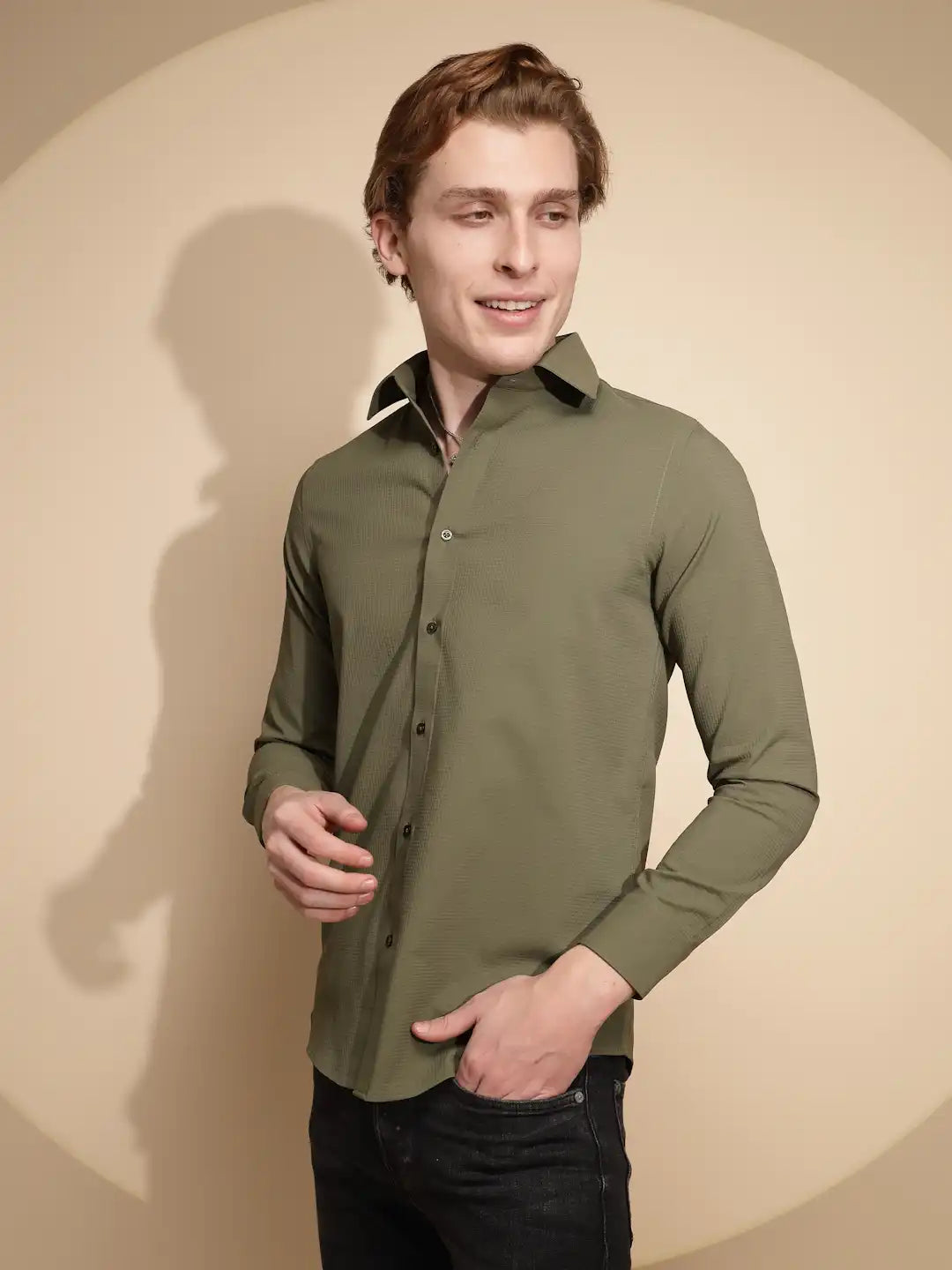 Men Olive Solid Full Sleeve Collar Neck Polycotton Shirt