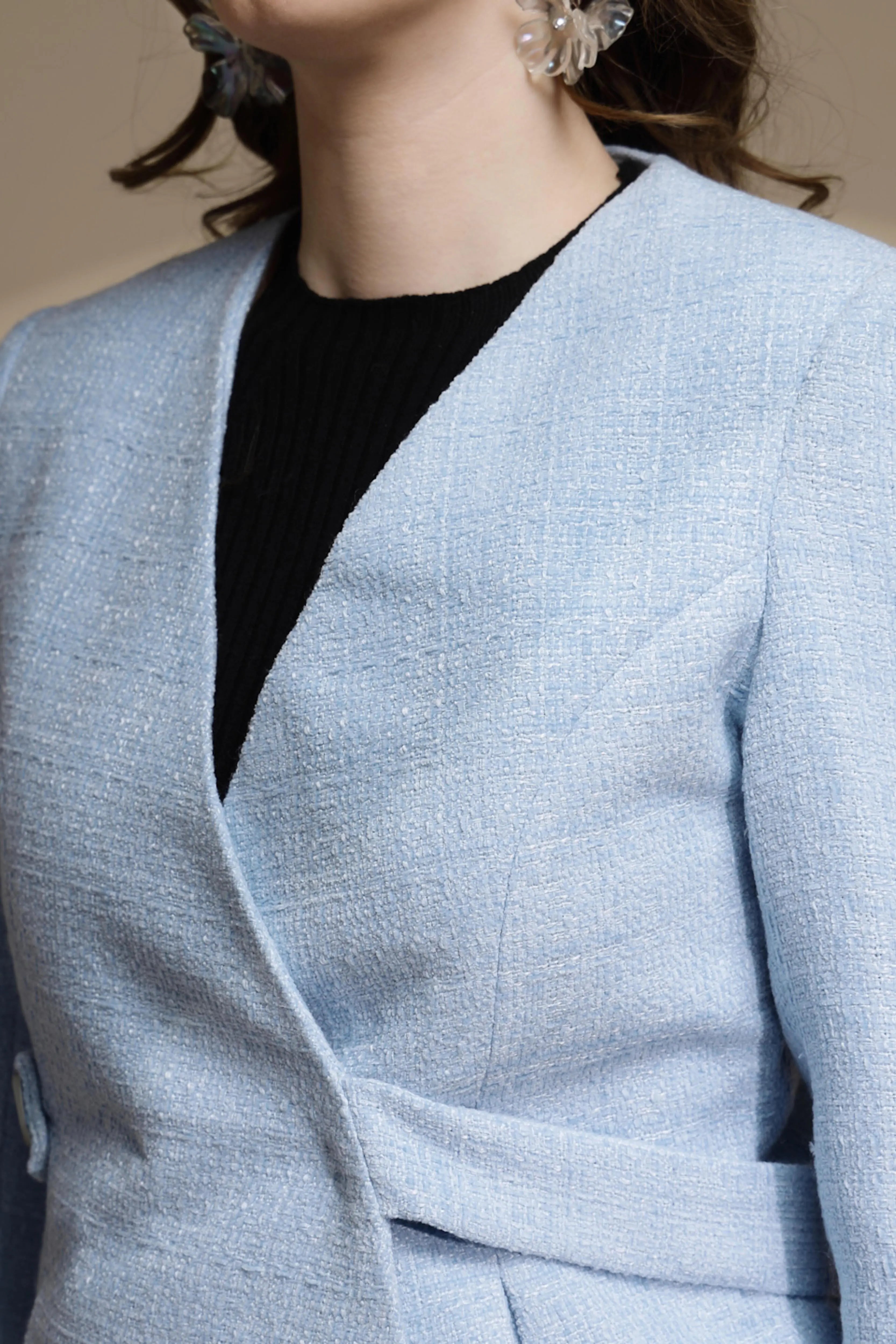 Blue Solid Tweed Coat - Global Republic