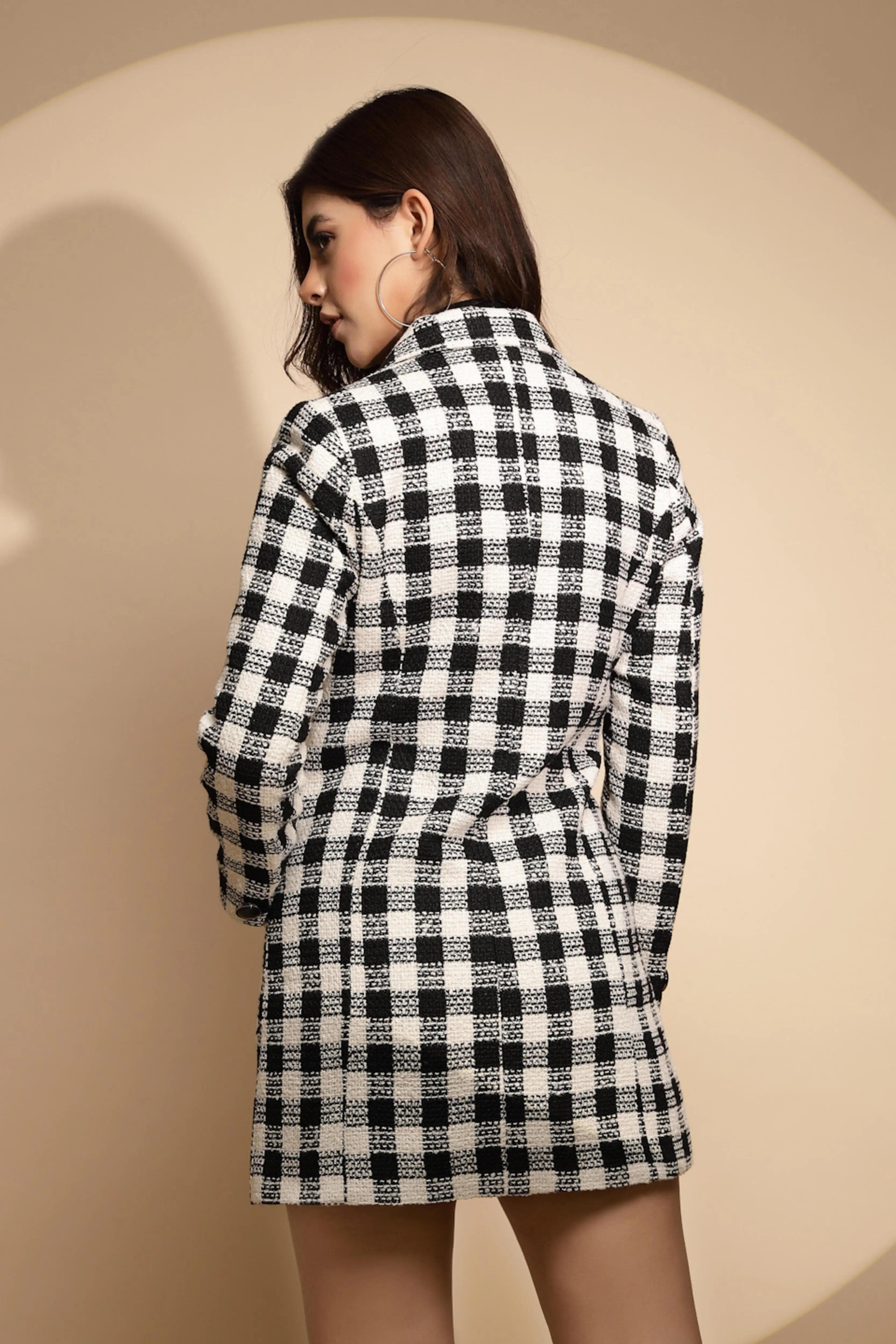 Women Black & White Checkered Collared Neck Full Sleeve Woolen Coat - Global Republic