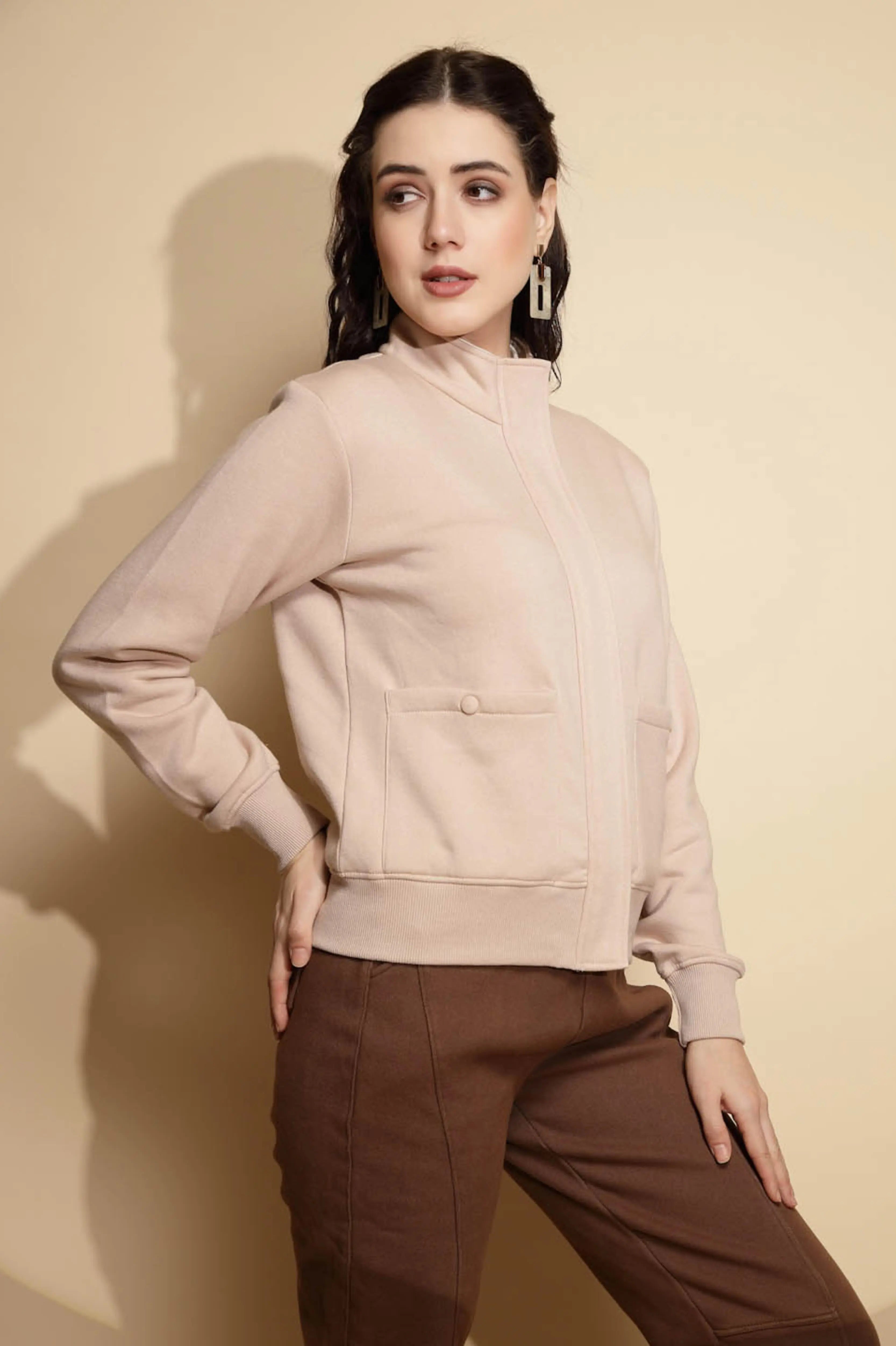 Beige Solid Acrylic Sweatshirt - Global Republic