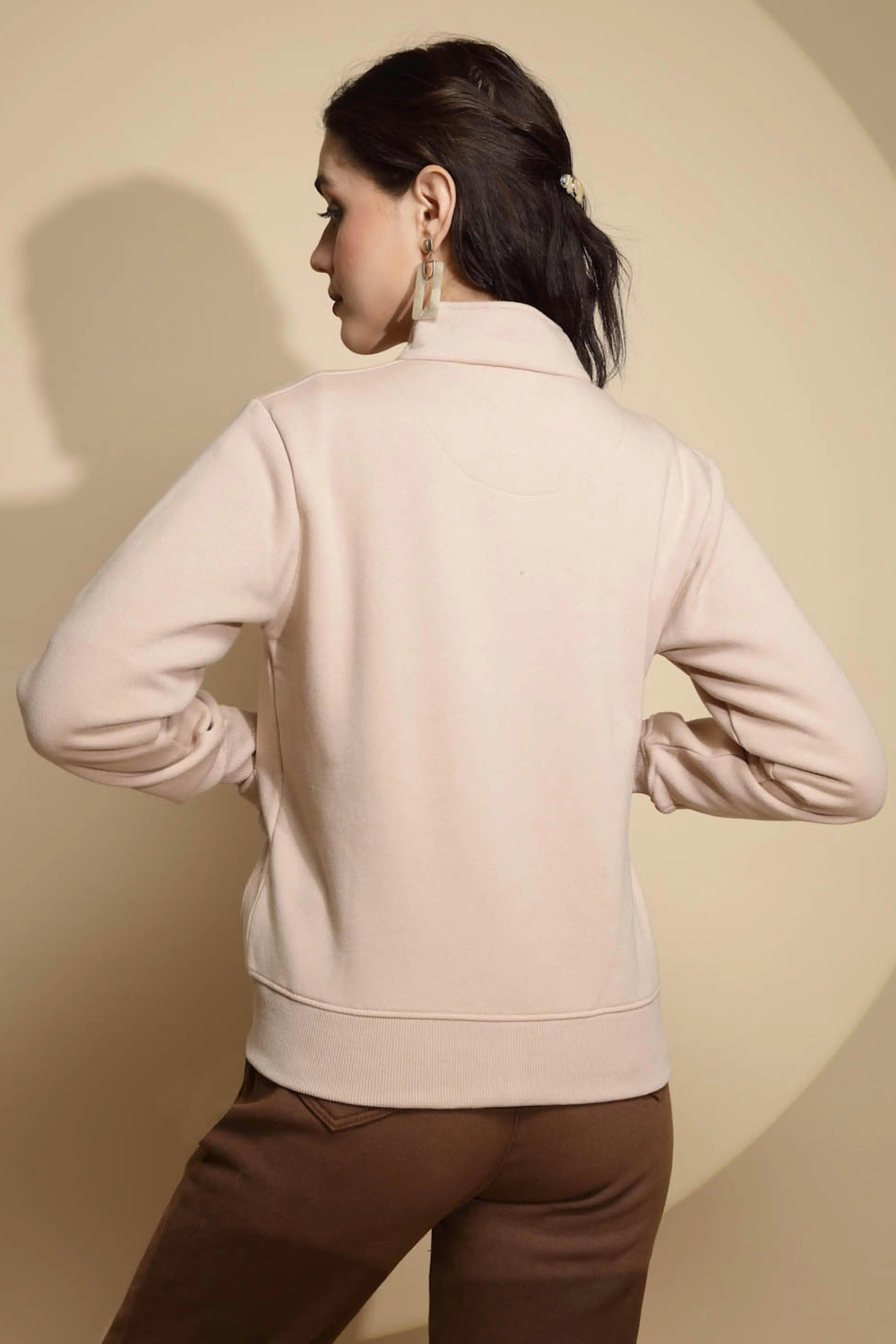 Beige Solid Acrylic Sweatshirt - Global Republic