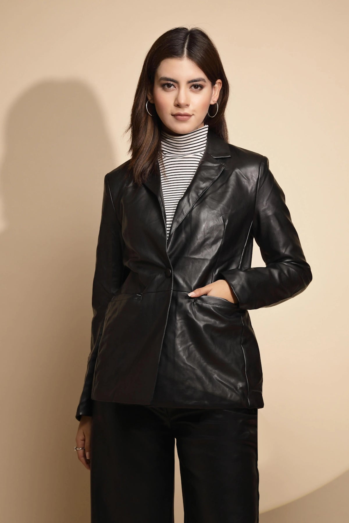 Women Black Solid Collared Neck Full Sleeve Leather Coat - Global Republic