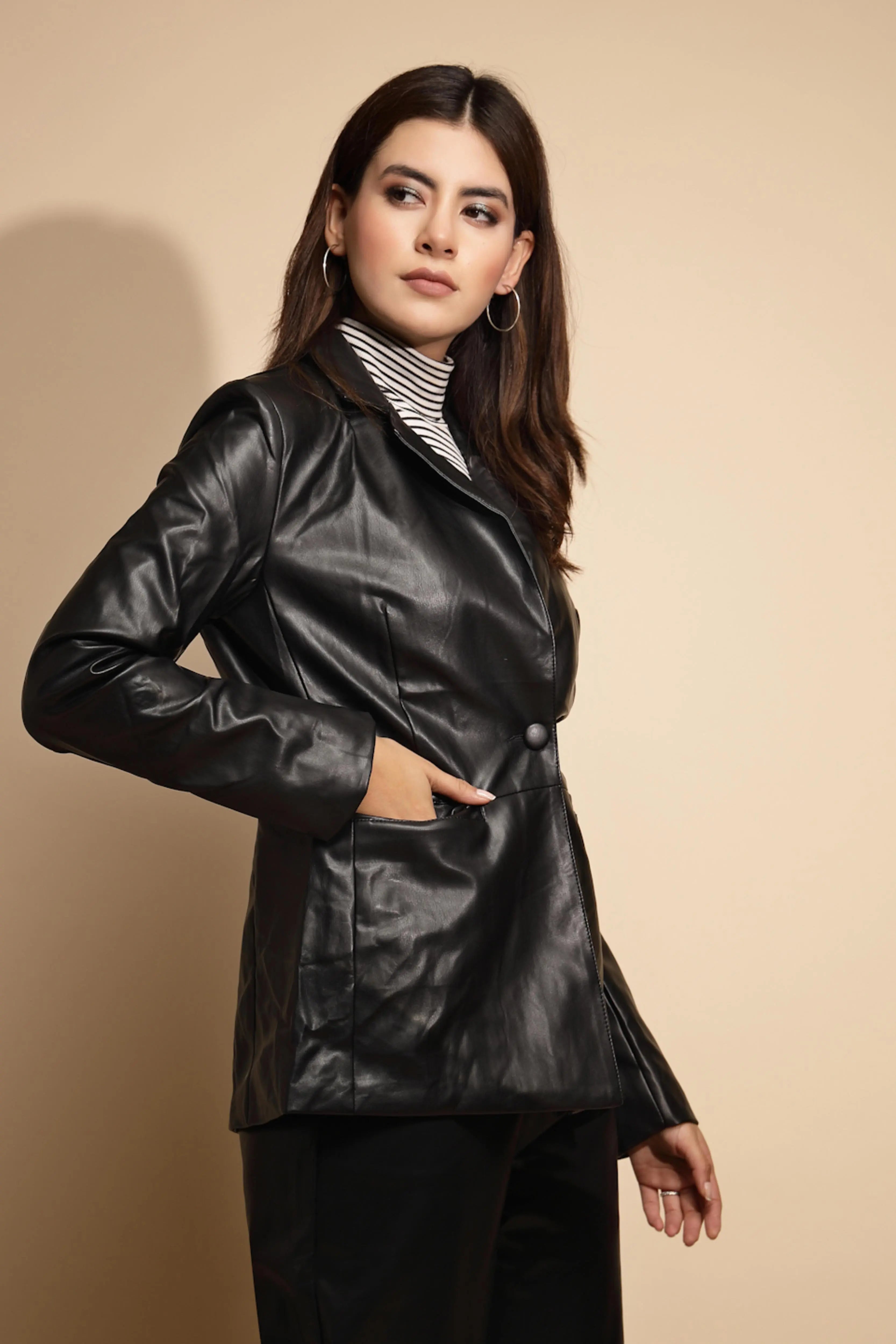 Women Black Solid Collared Neck Full Sleeve Leather Coat - Global Republic