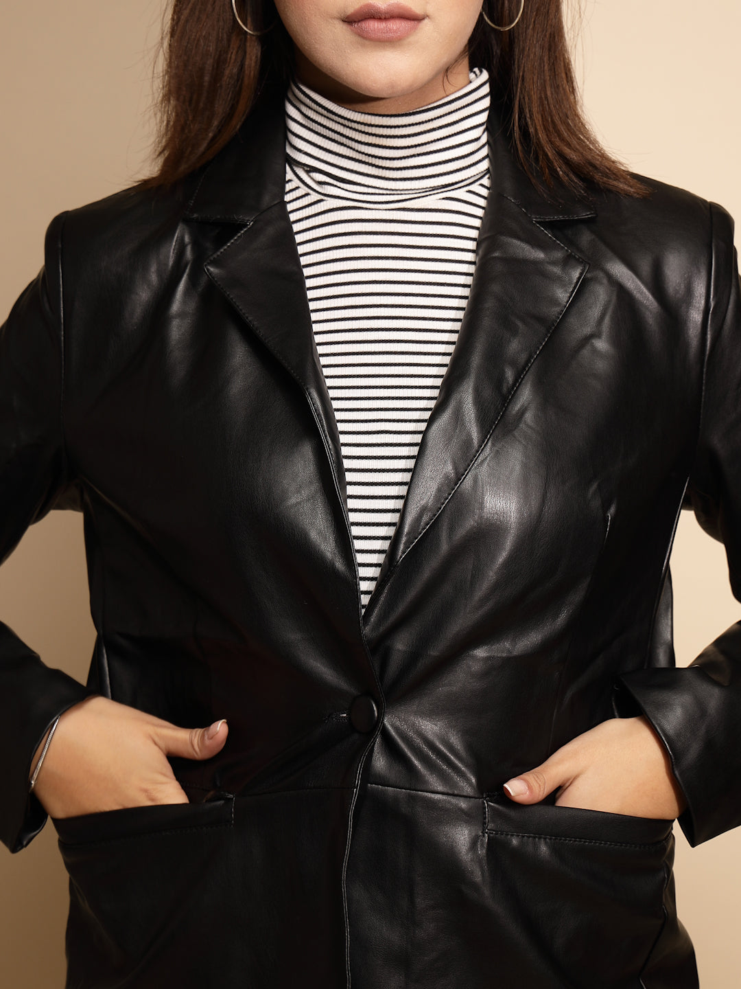 Women Black Solid Collared Neck Full Sleeve Leather Coat - Global Republic