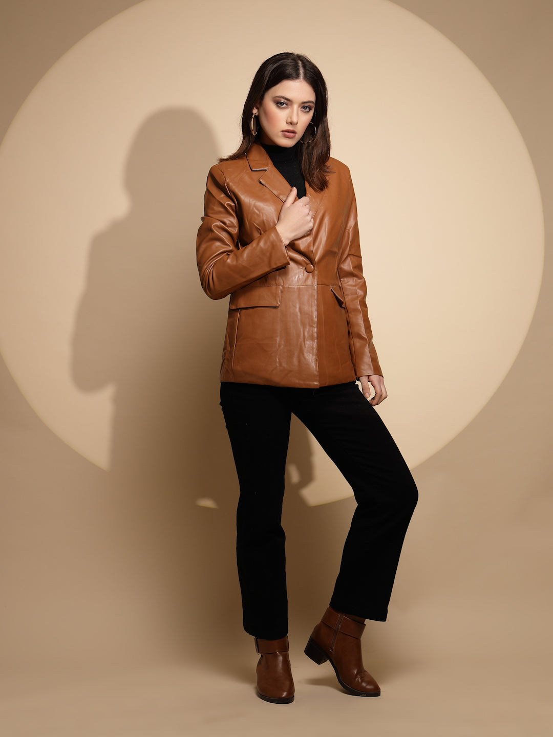 Brown Collared Neck Leather Coat - Global Republic
