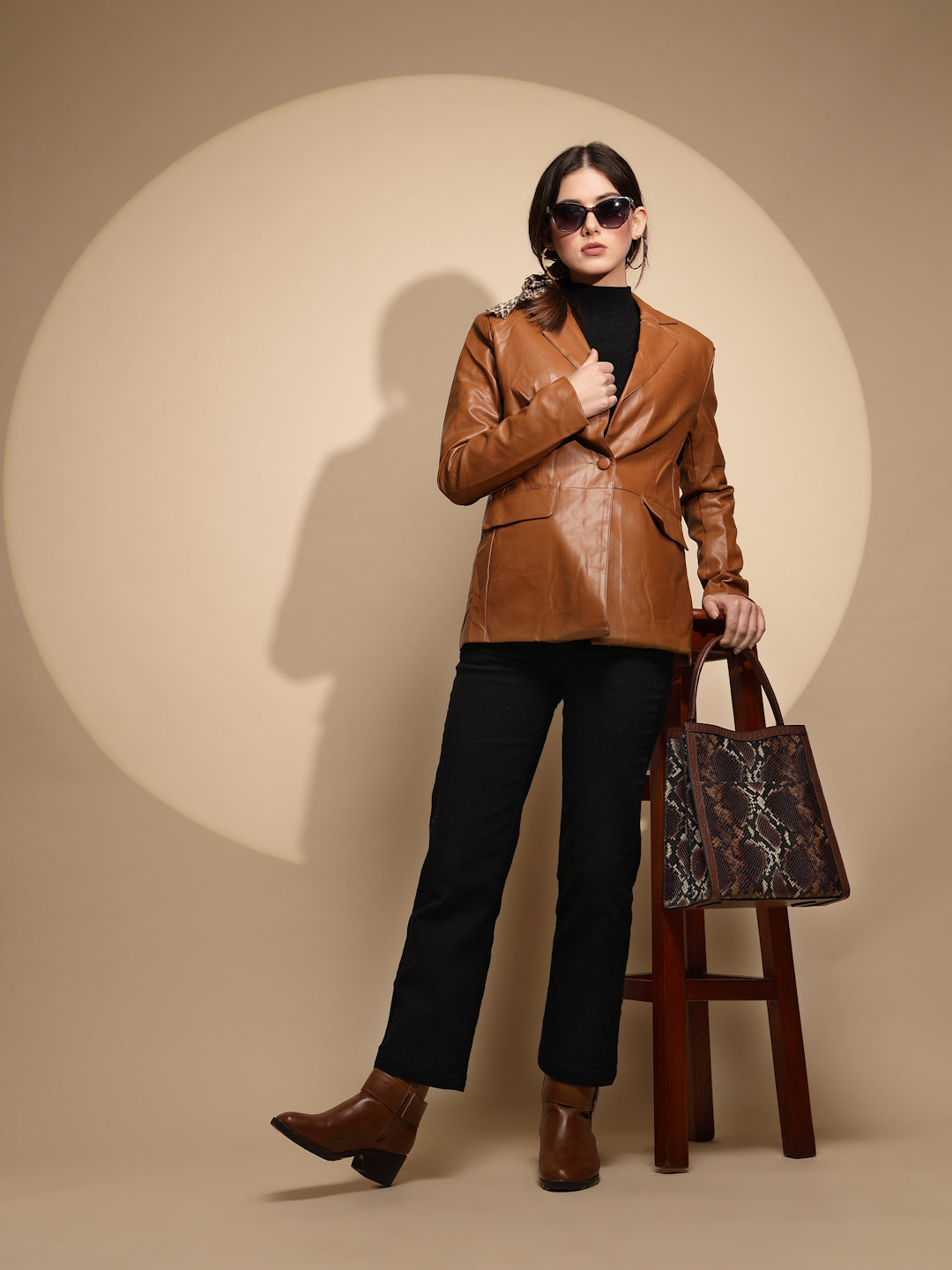 Brown Collared Neck Leather Coat - Global Republic