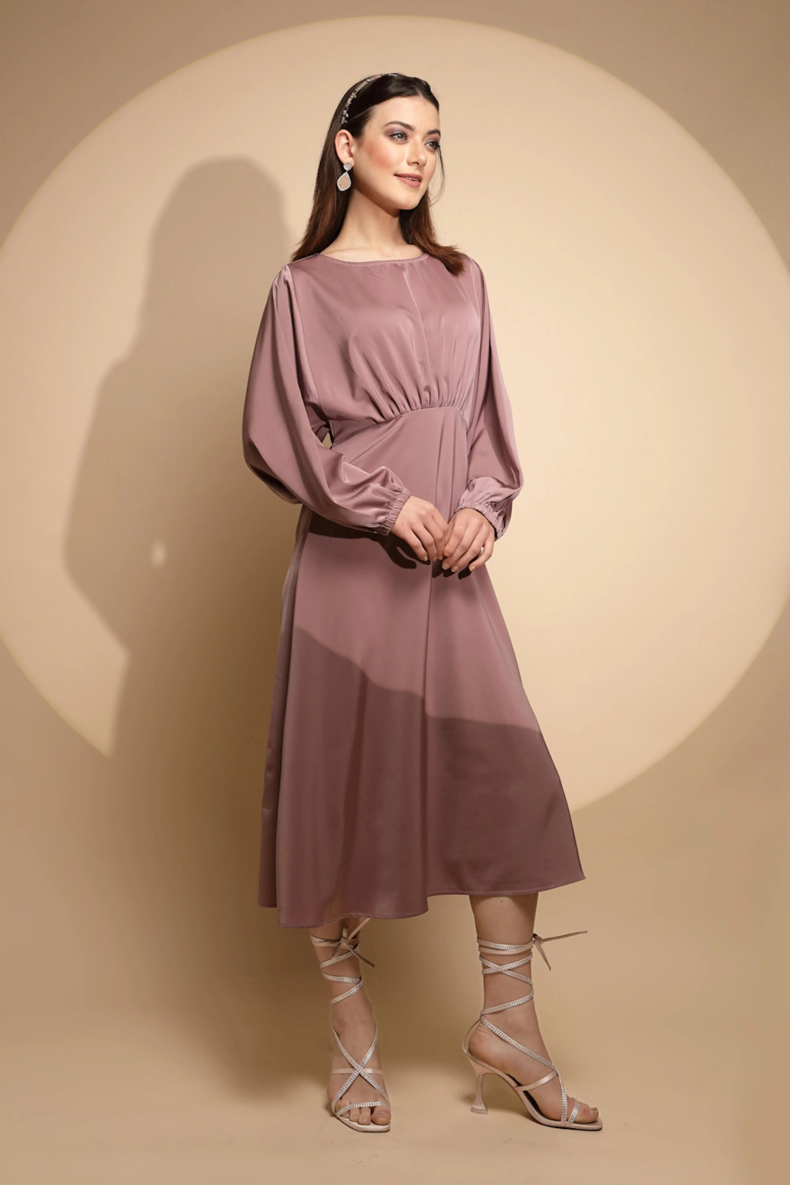 Dusty Nude Solid Satin Long Dress - Global Republic