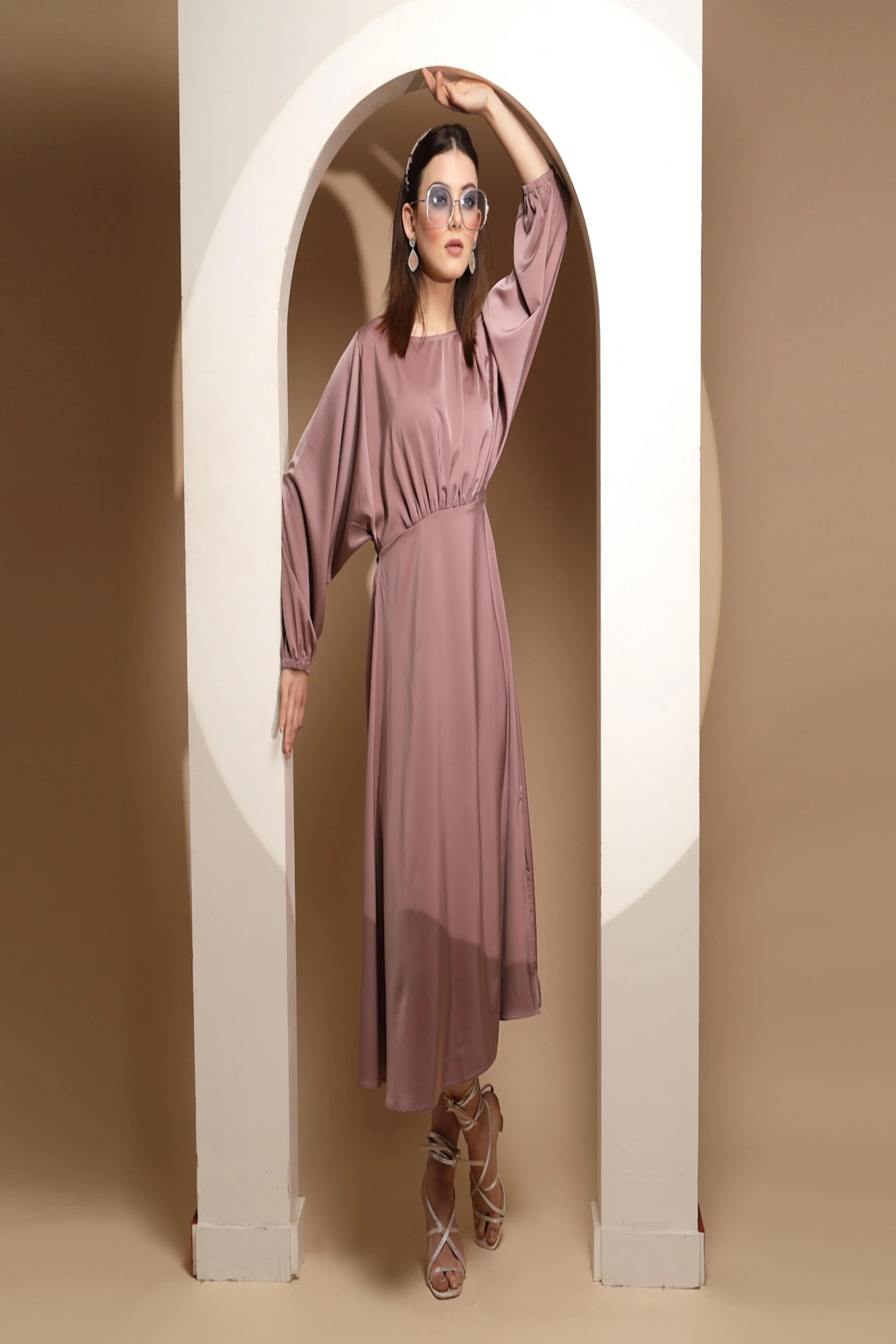 Dusty Nude Solid Satin Long Dress - Global Republic