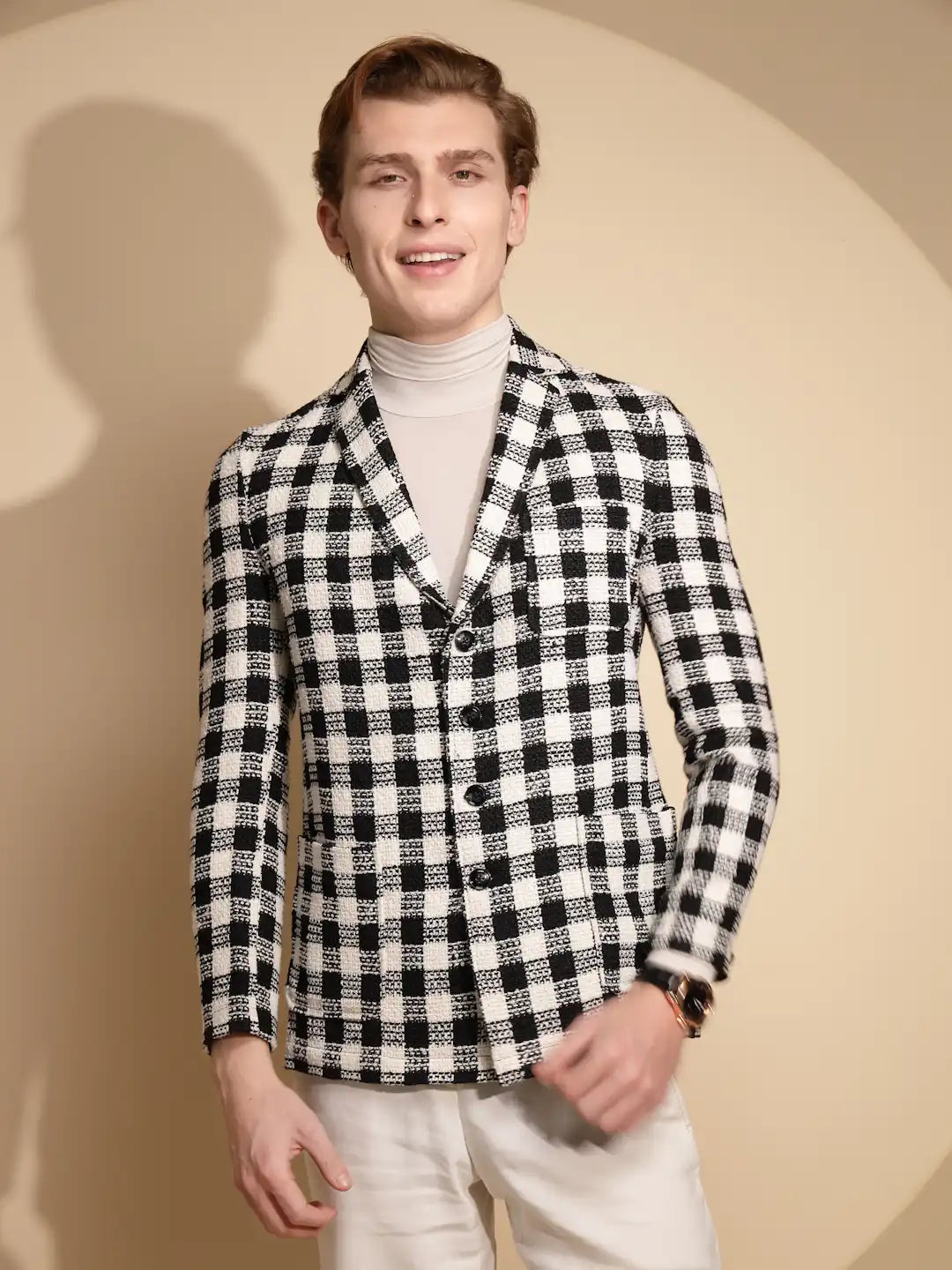 Men Black & White Color Block Full Sleeve Collar Neck Cotton Shacket - Global Republic