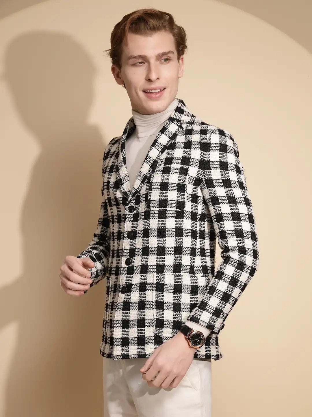 Men Black & White Color Block Full Sleeve Collar Neck Cotton Shacket - Global Republic