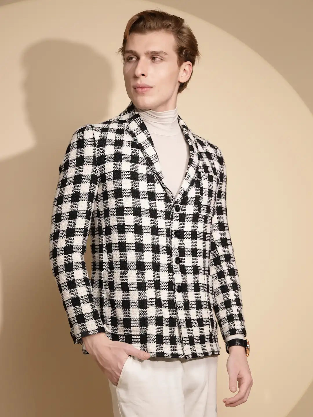 Men Black & White Color Block Full Sleeve Collar Neck Cotton Shacket - Global Republic