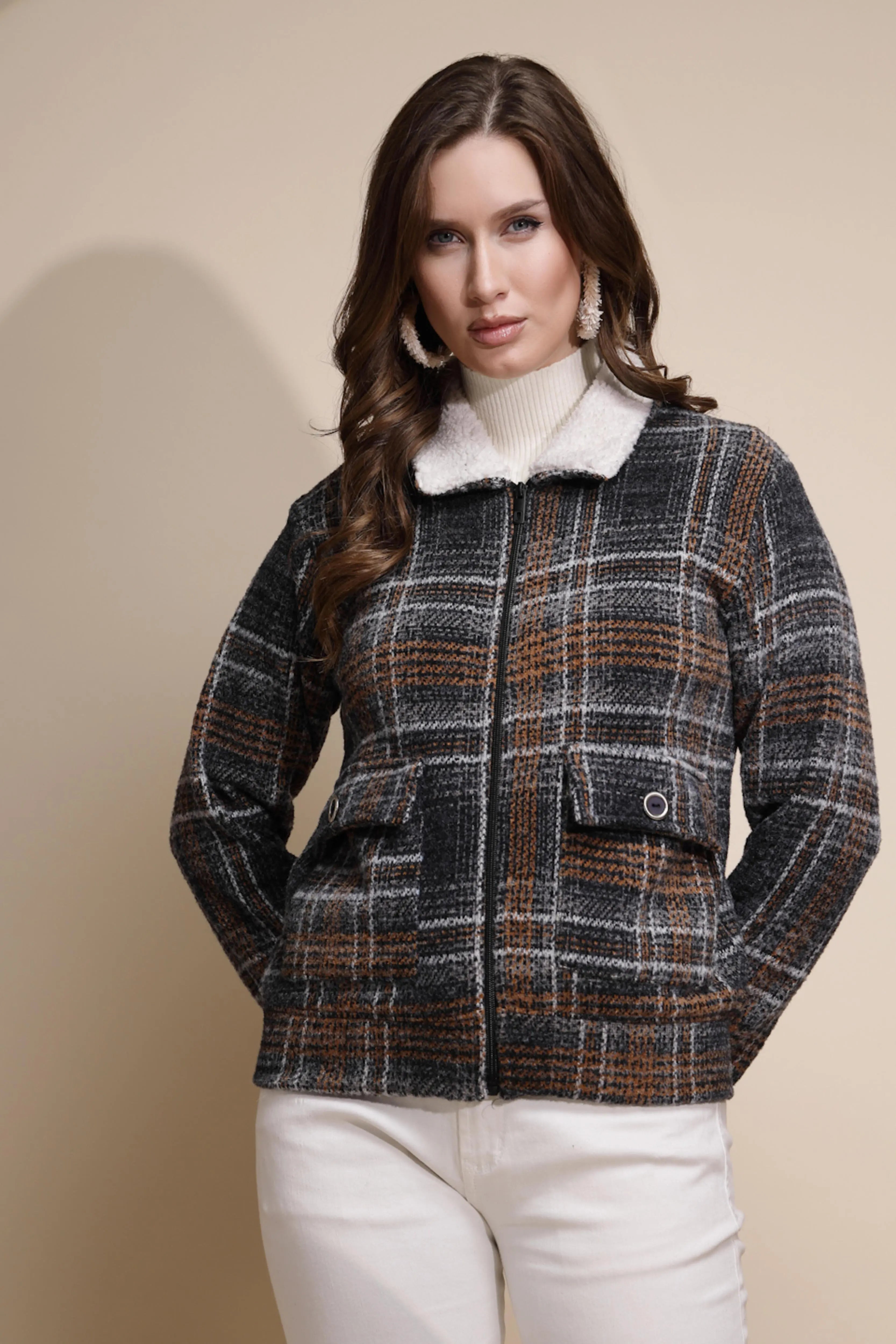 Women Grey Check Full Sleeve Collared Neck Fleece Sweatshirt - Global Republic
