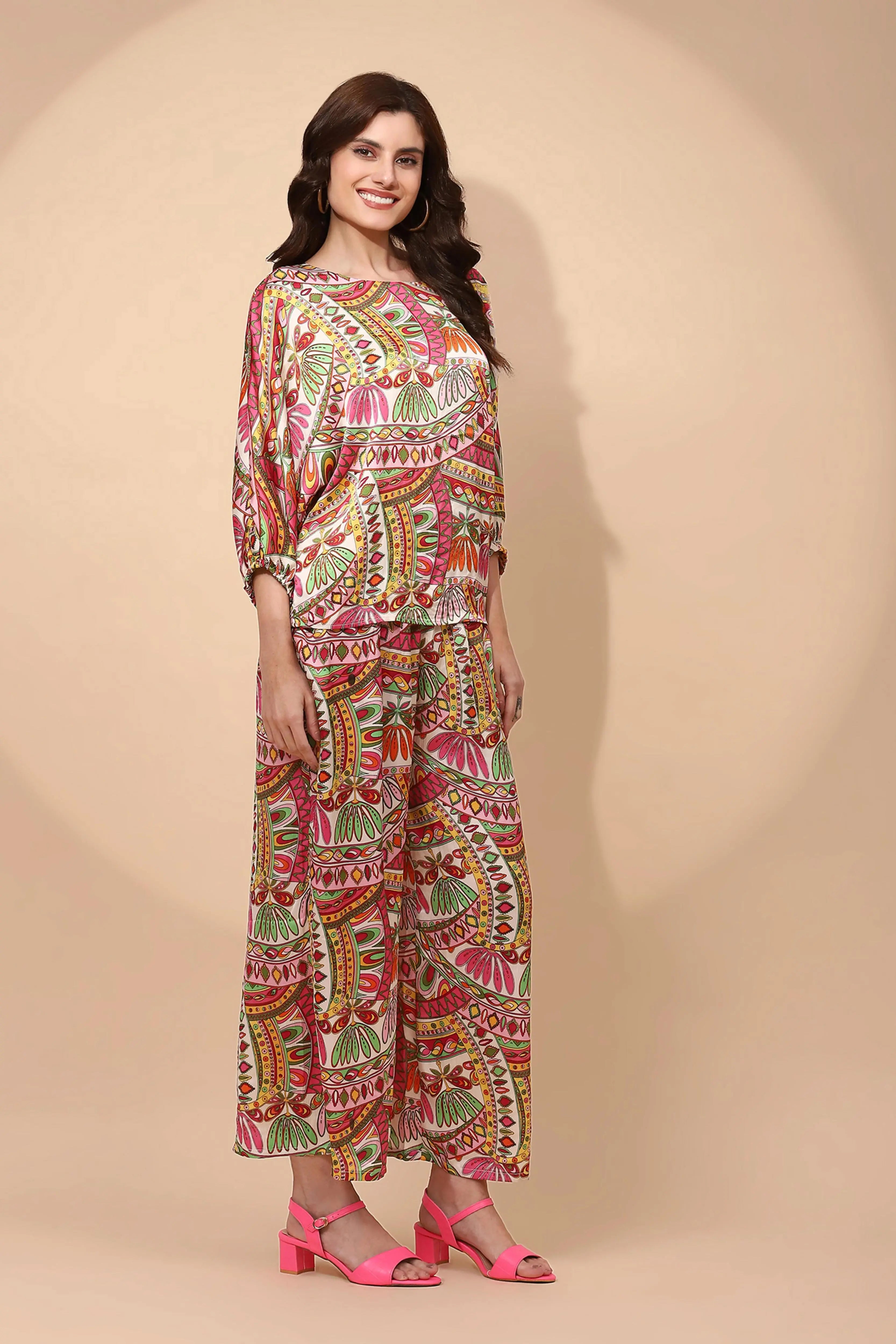 Multi Pink Satin Relaxed Fit Co-ord Set For Women - Global Republic