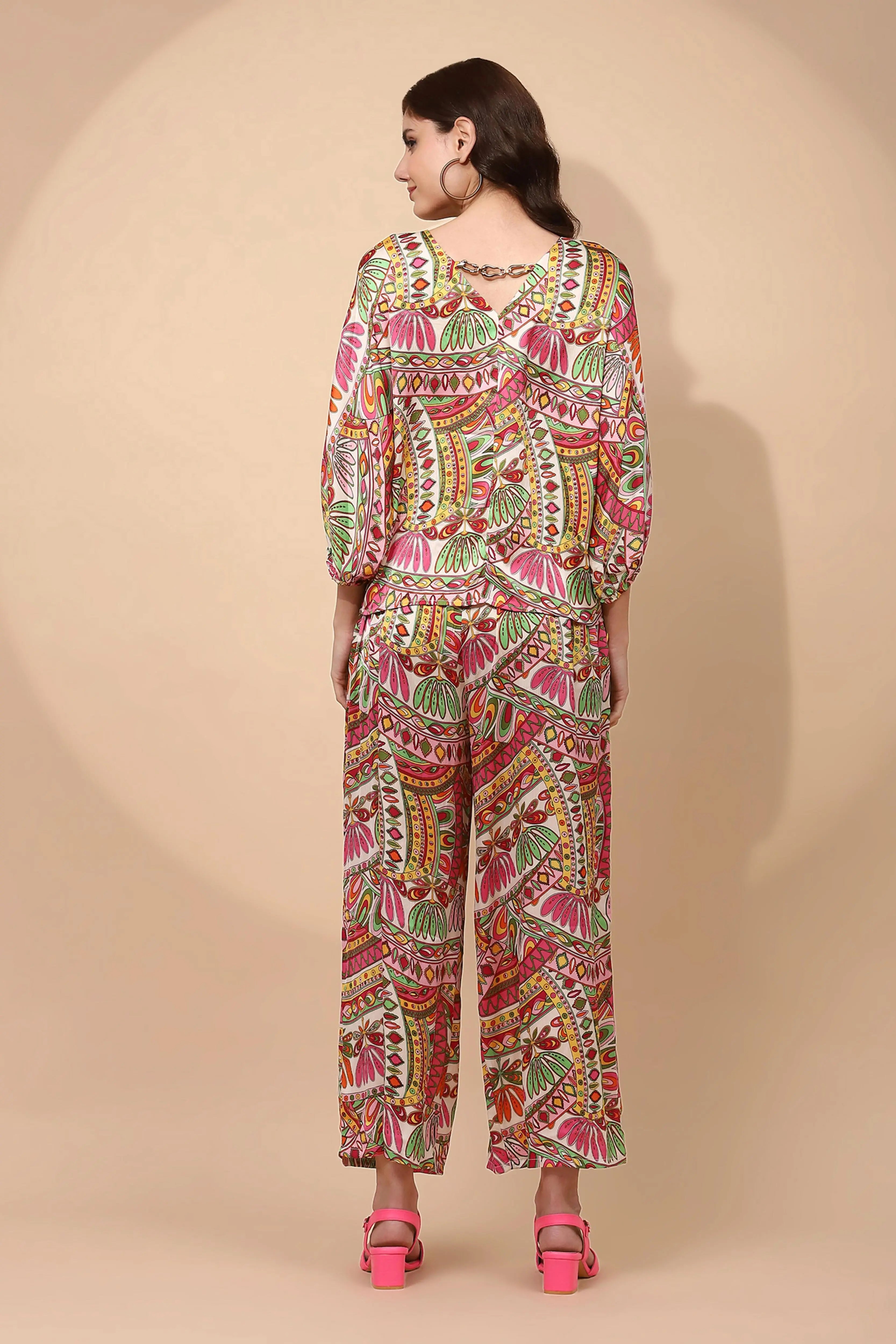 Multi Pink Satin Relaxed Fit Co-ord Set For Women - Global Republic